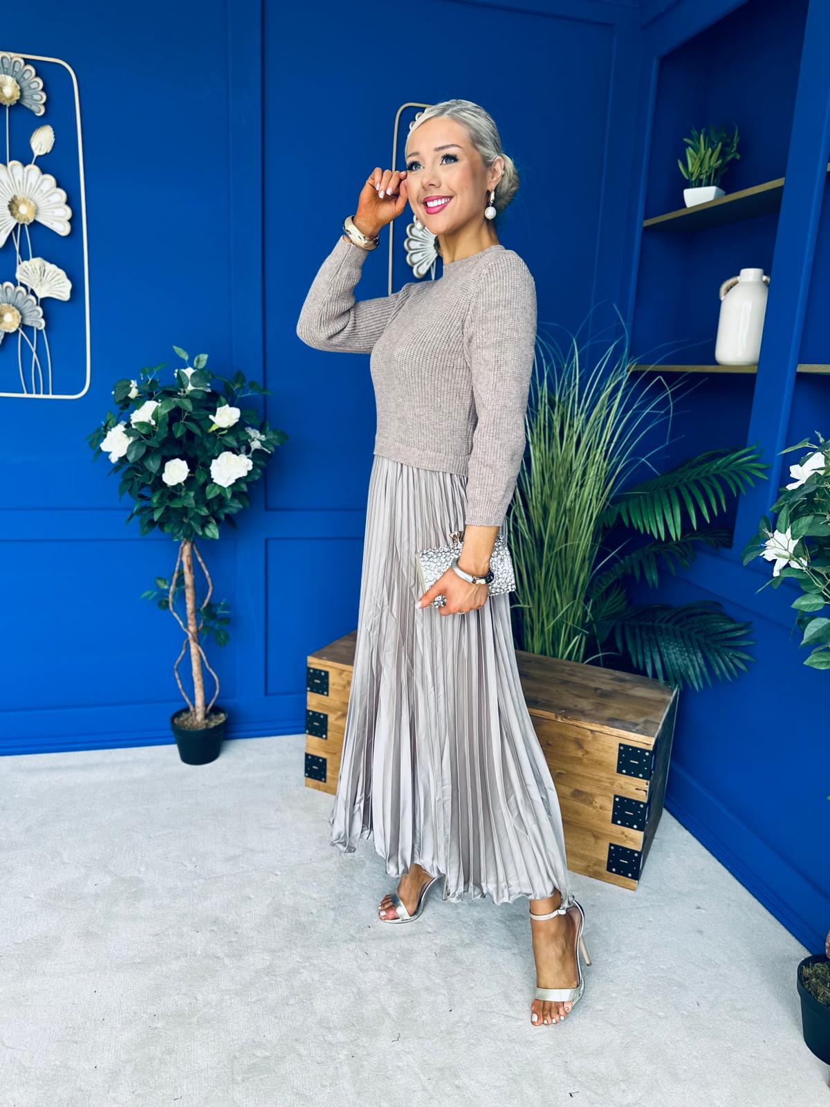 Susan Knit & Satin Midi Dress Taupe