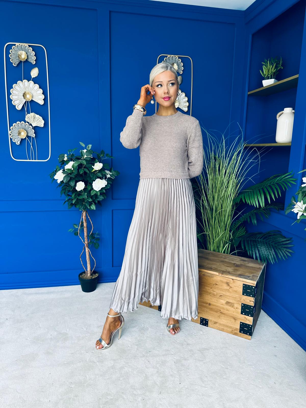 Susan Knit & Satin Midi Dress Taupe