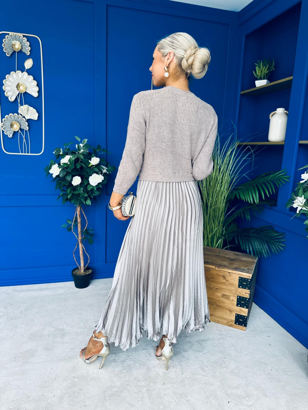 Susan Knit & Satin Midi Dress Taupe