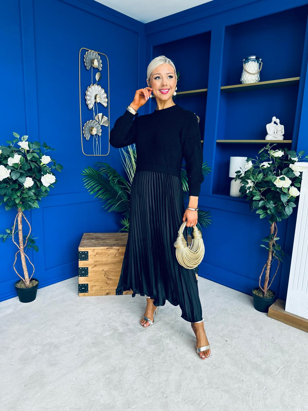 Susan Knit & Satin Midi Dress Black