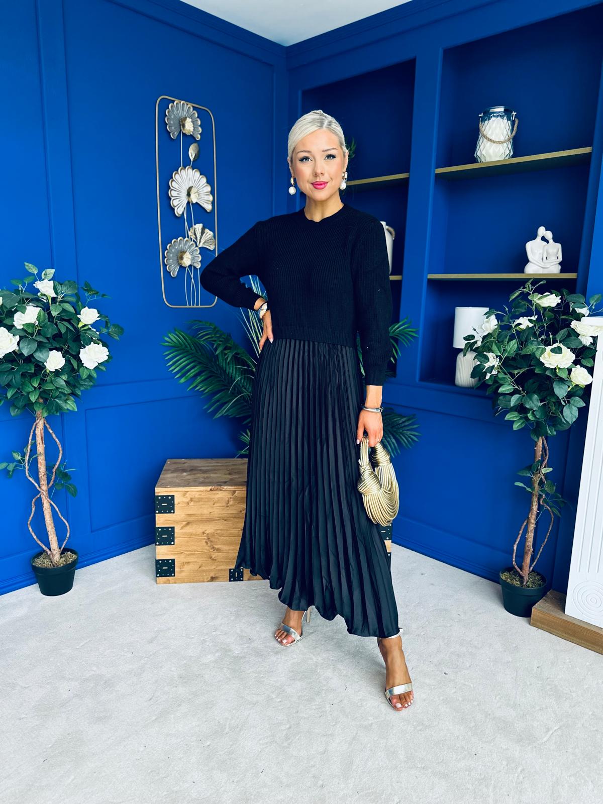 Susan Knit & Satin Midi Dress Black