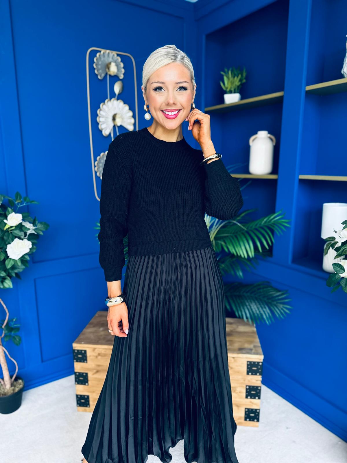 Susan Knit & Satin Midi Dress Black