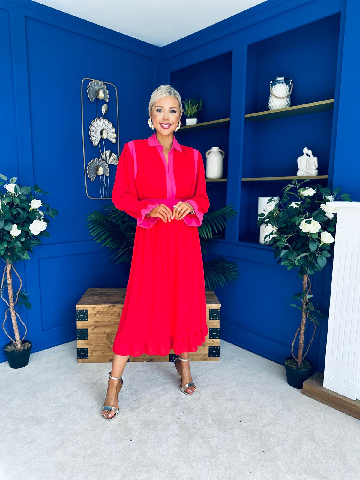 Saoirse Detailed 2 Tone Midi Dress Red