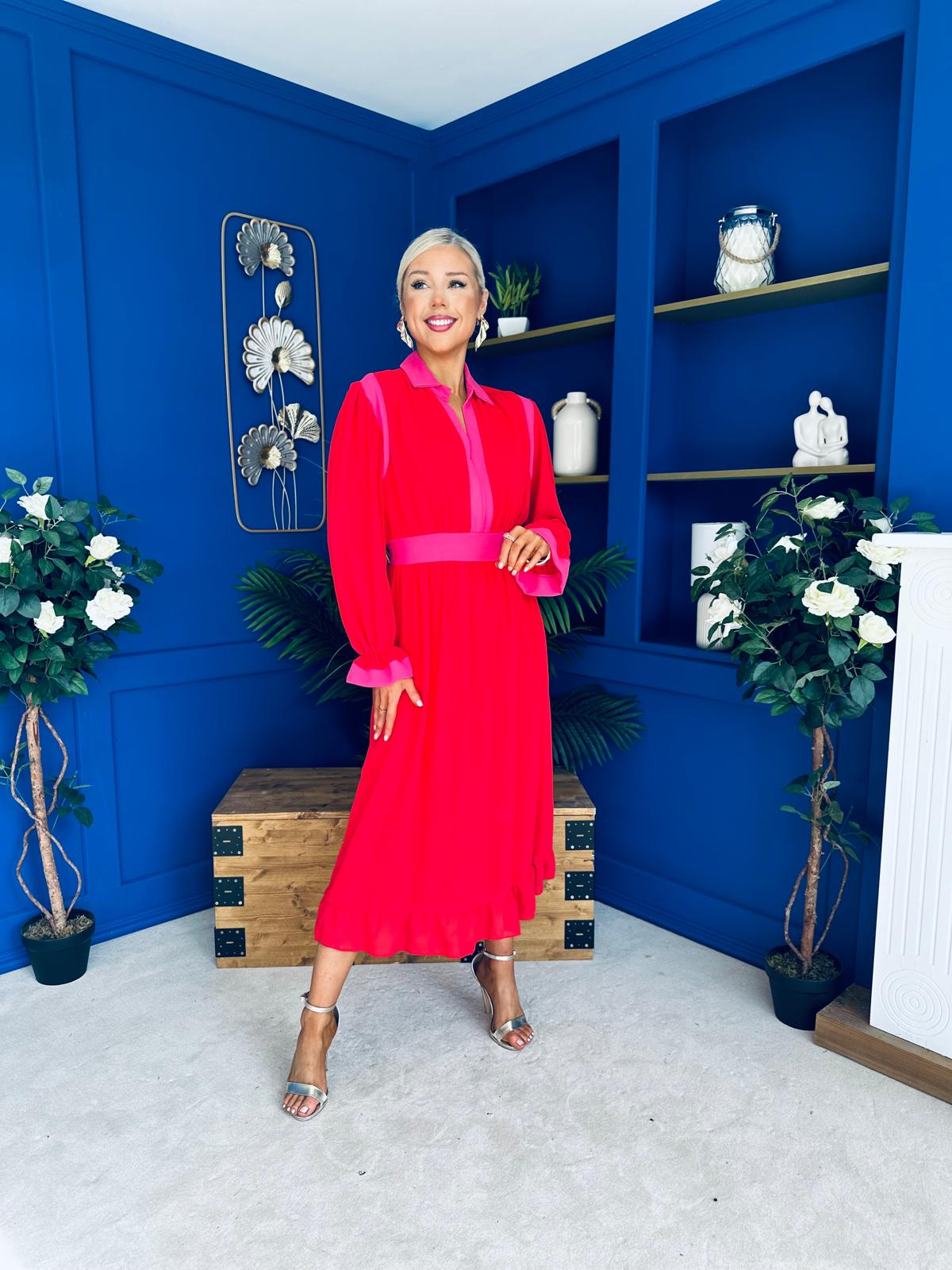 Saoirse Detailed 2 Tone Midi Dress Red