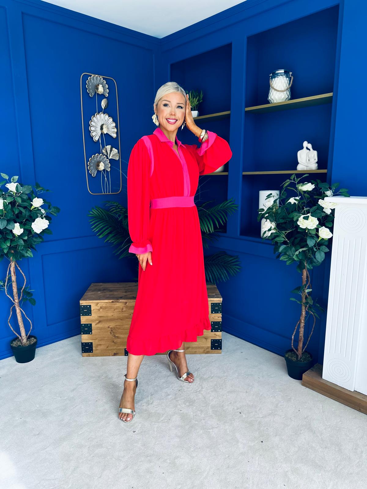 Saoirse Detailed 2 Tone Midi Dress Red