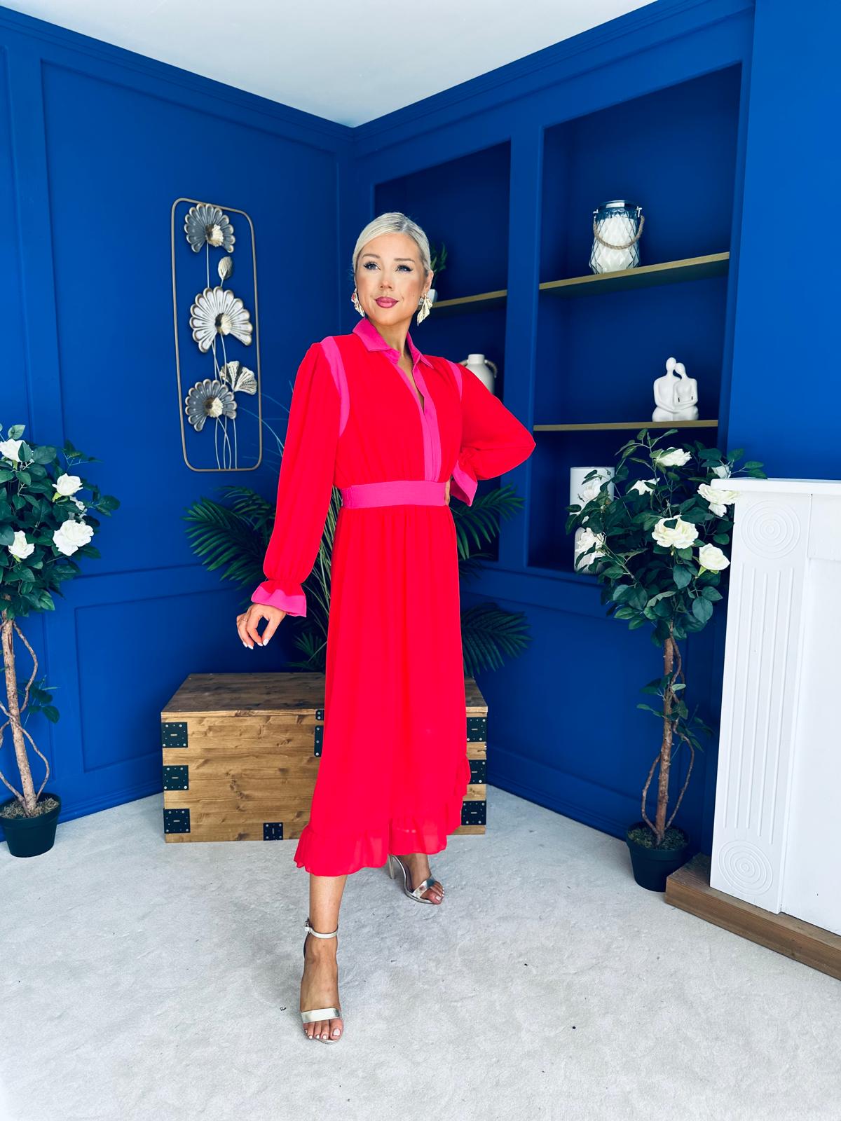 Saoirse Detailed 2 Tone Midi Dress Red