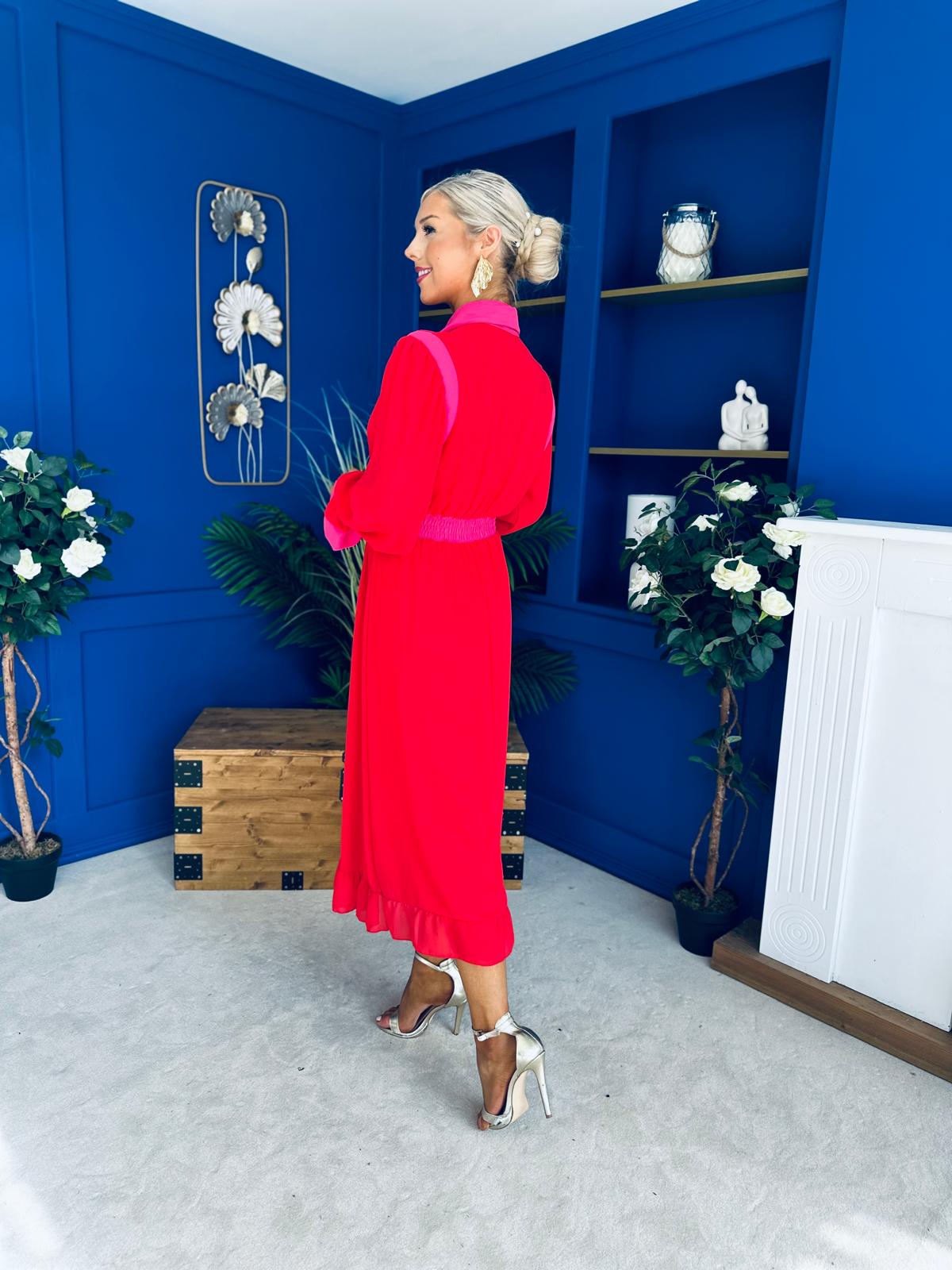 Saoirse Detailed 2 Tone Midi Dress Red