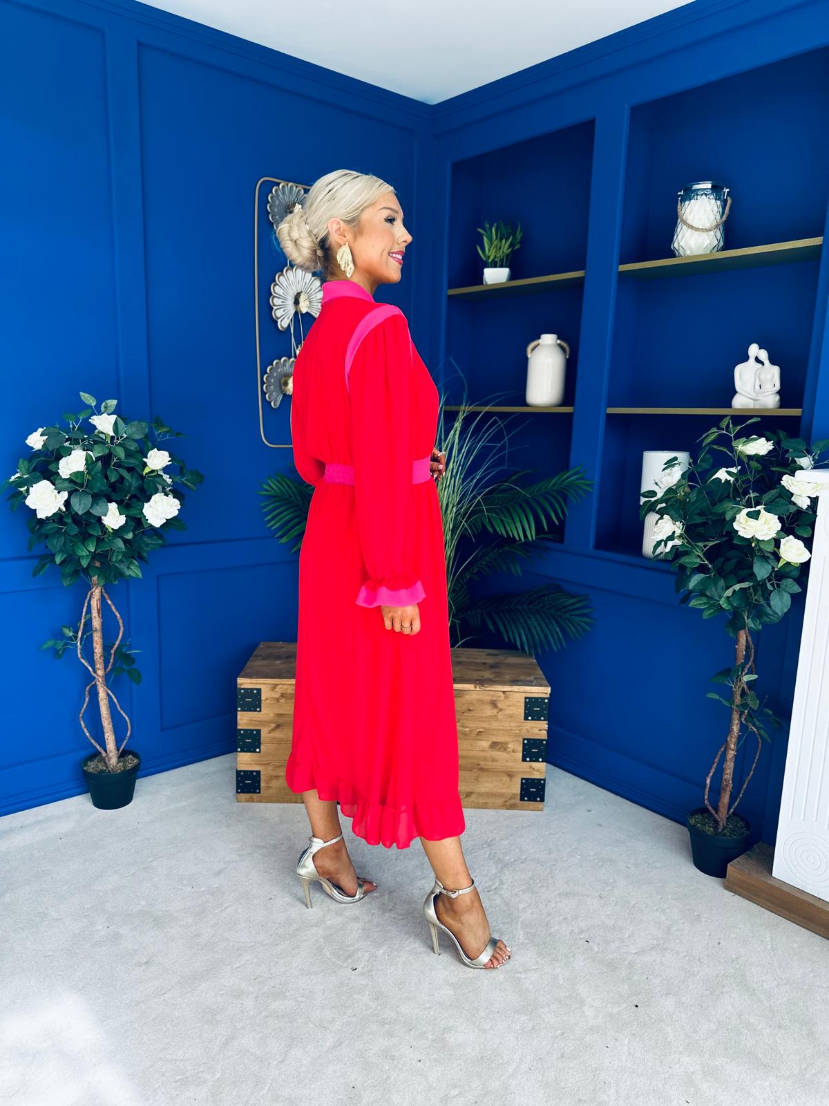 Saoirse Detailed 2 Tone Midi Dress Red