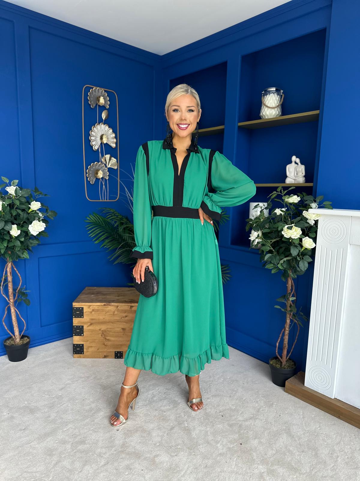 Saoirse Detailed 2 Tone Midi Dress Green