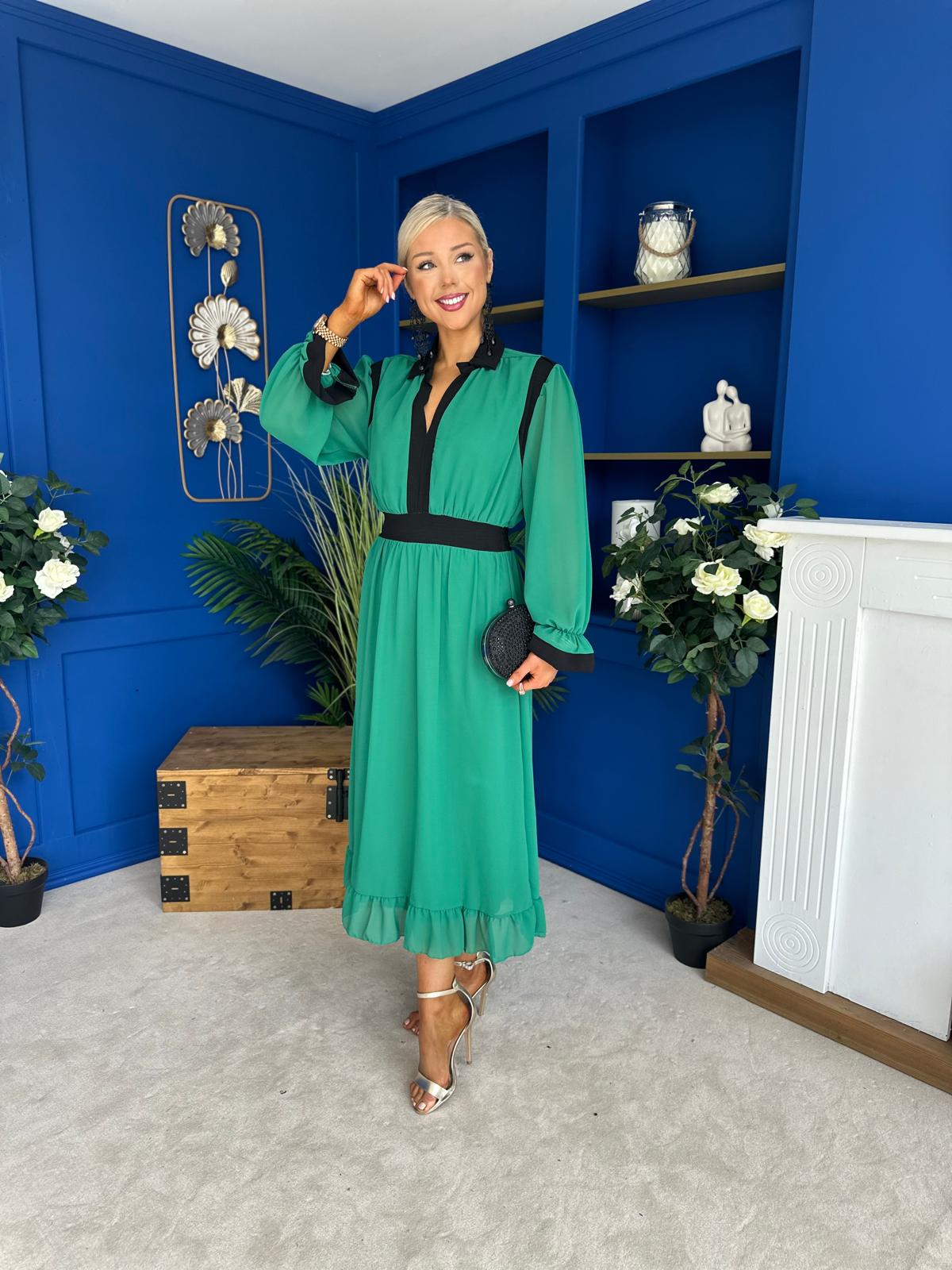 Saoirse Detailed 2 Tone Midi Dress Green