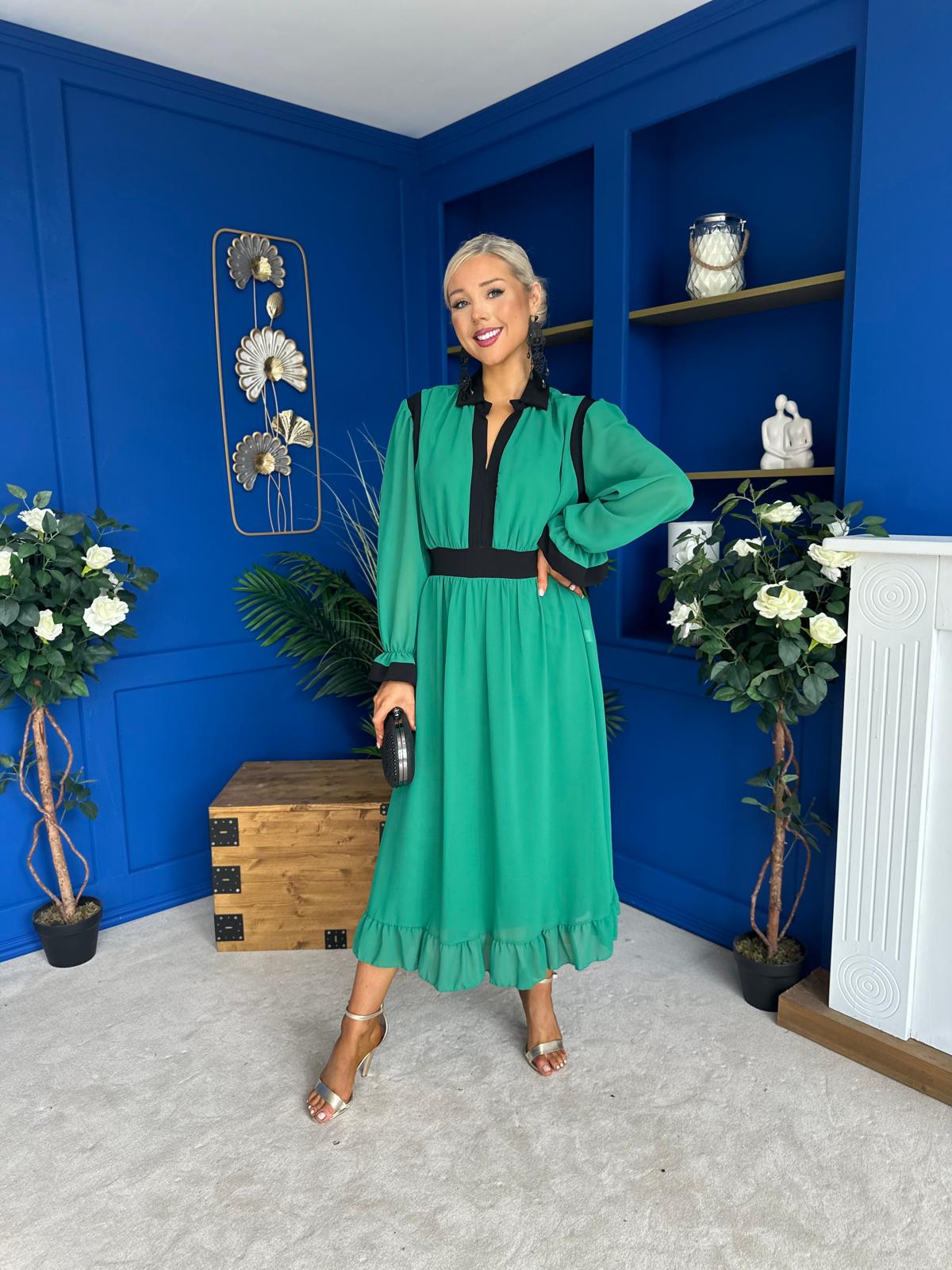 Saoirse Detailed 2 Tone Midi Dress Green
