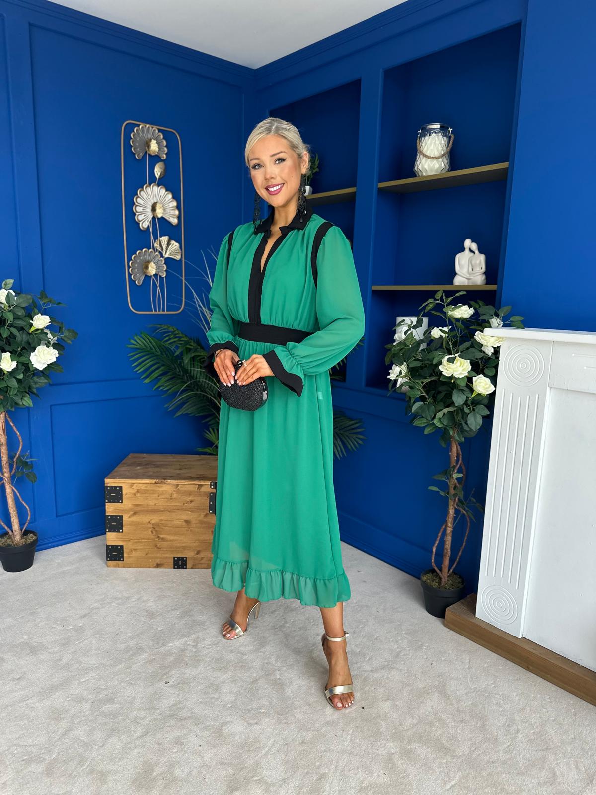 Saoirse Detailed 2 Tone Midi Dress Green