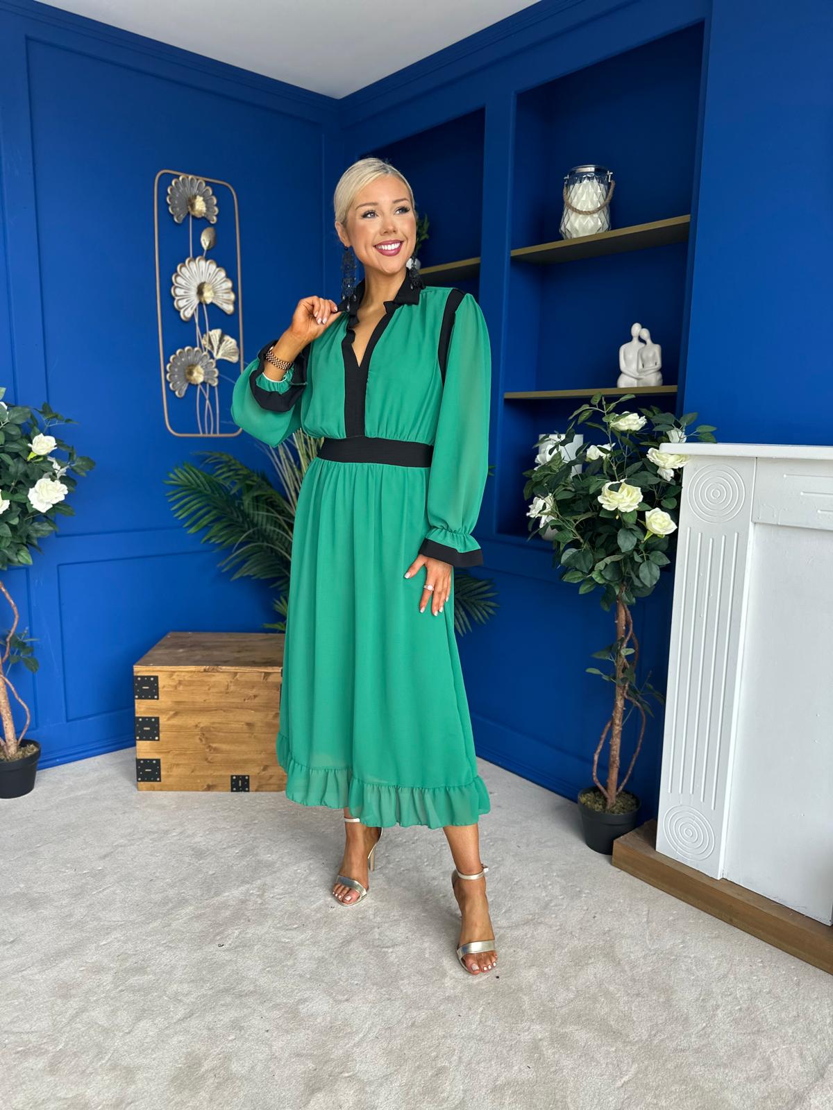 Saoirse Detailed 2 Tone Midi Dress Green