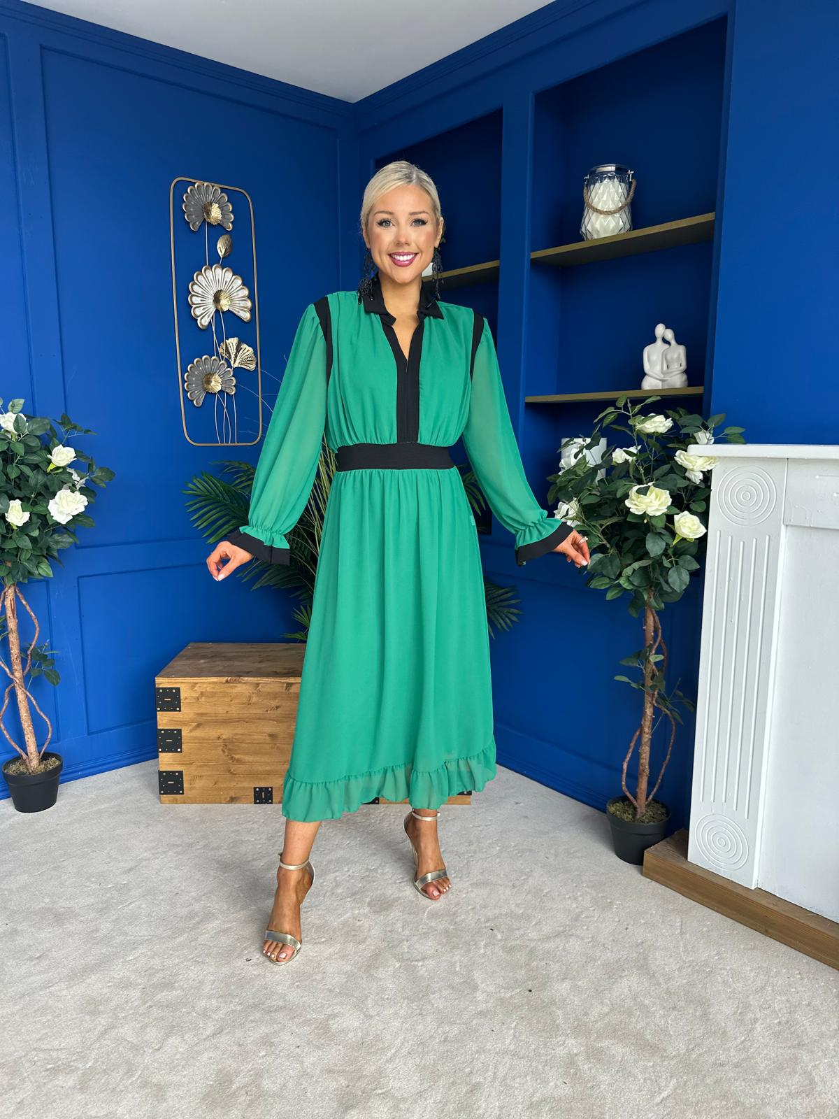 Saoirse Detailed 2 Tone Midi Dress Green