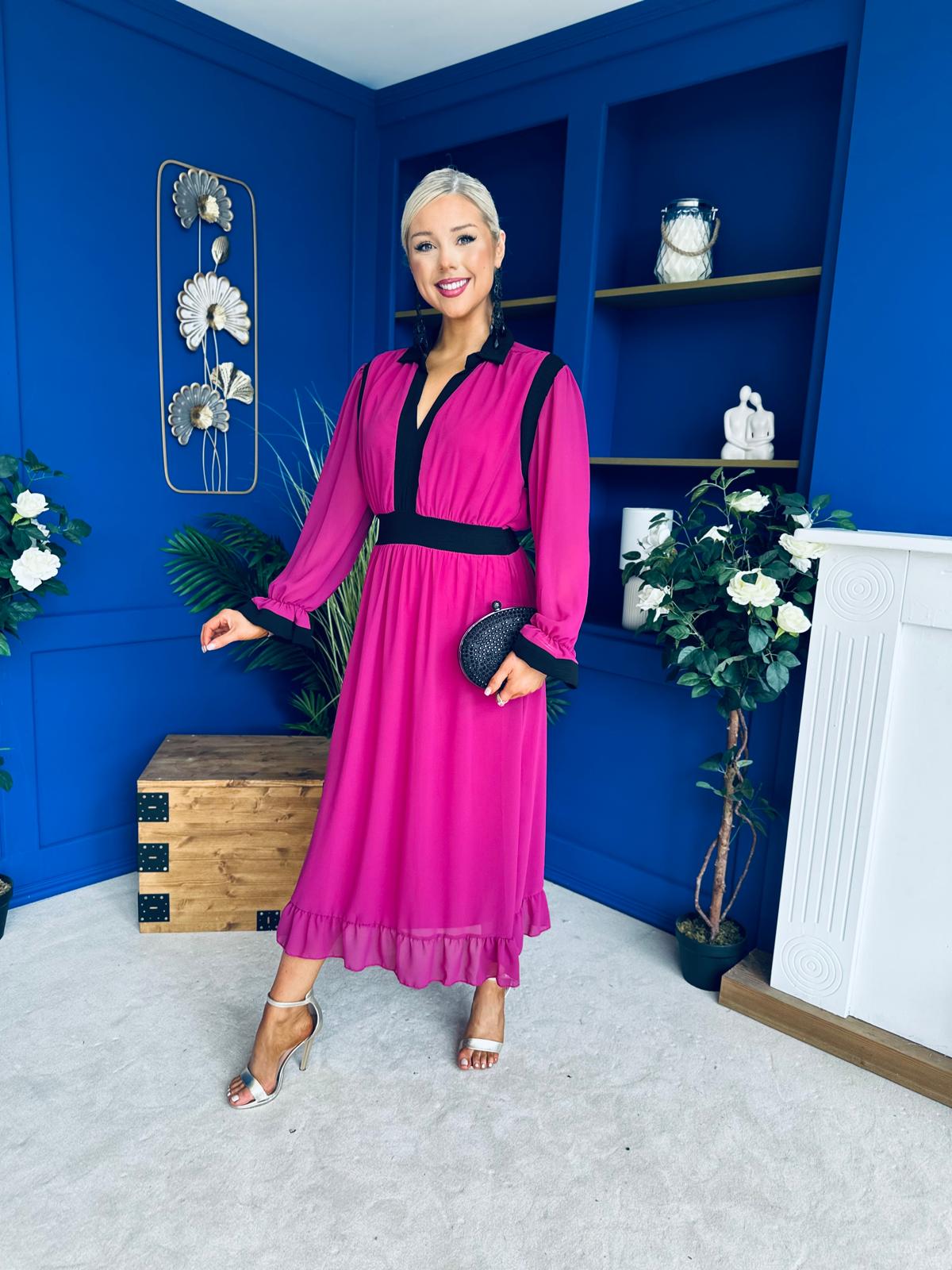 Saoirse Detailed 2 Tone Midi Dress Berry