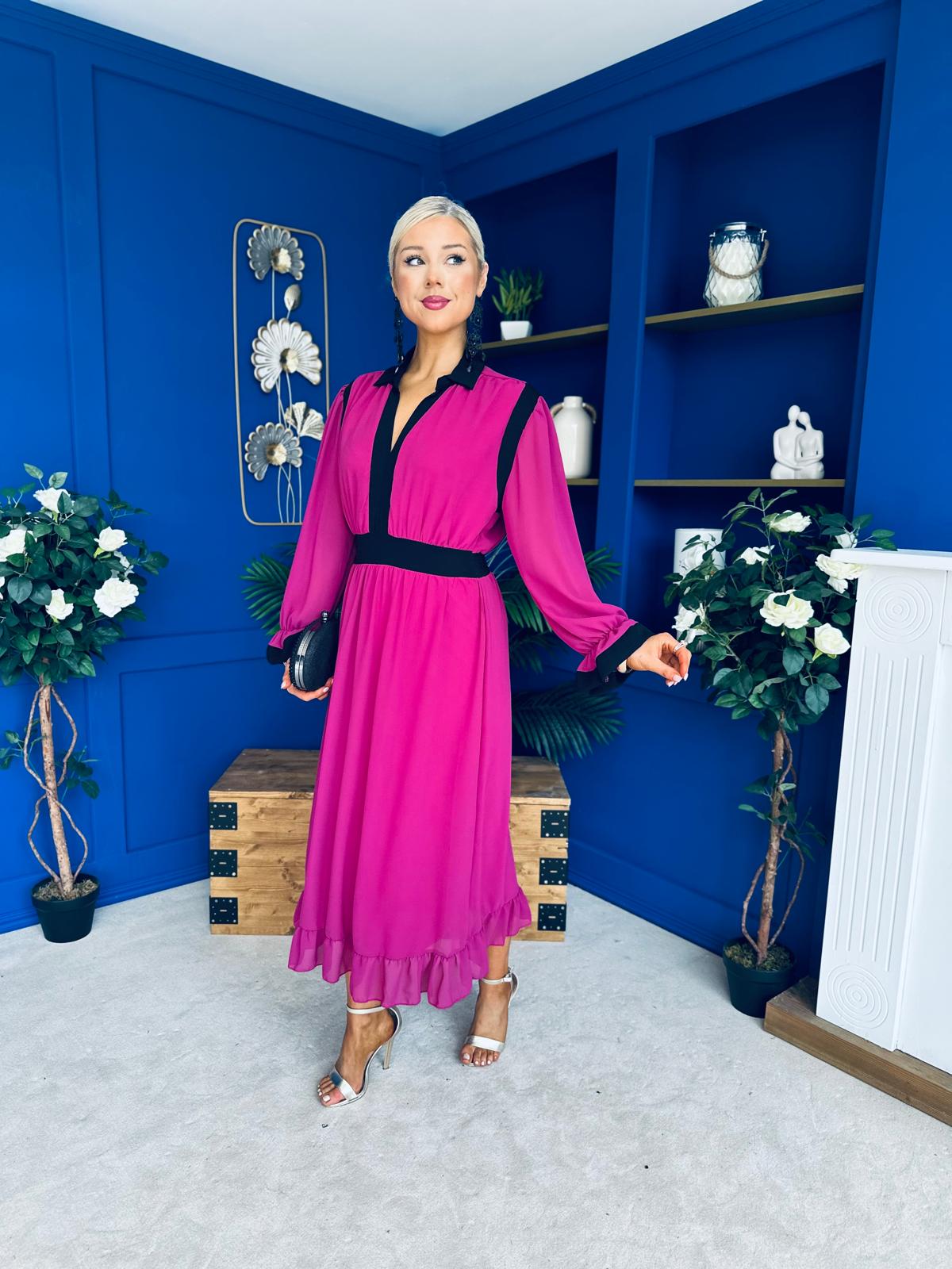 Saoirse Detailed 2 Tone Midi Dress Berry