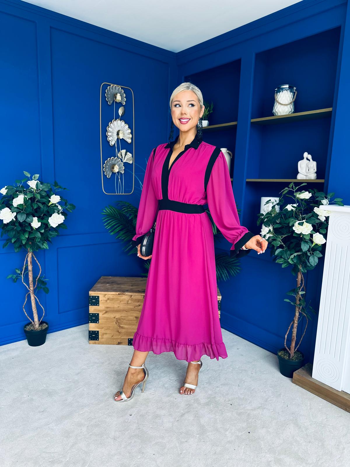 Saoirse Detailed 2 Tone Midi Dress Berry
