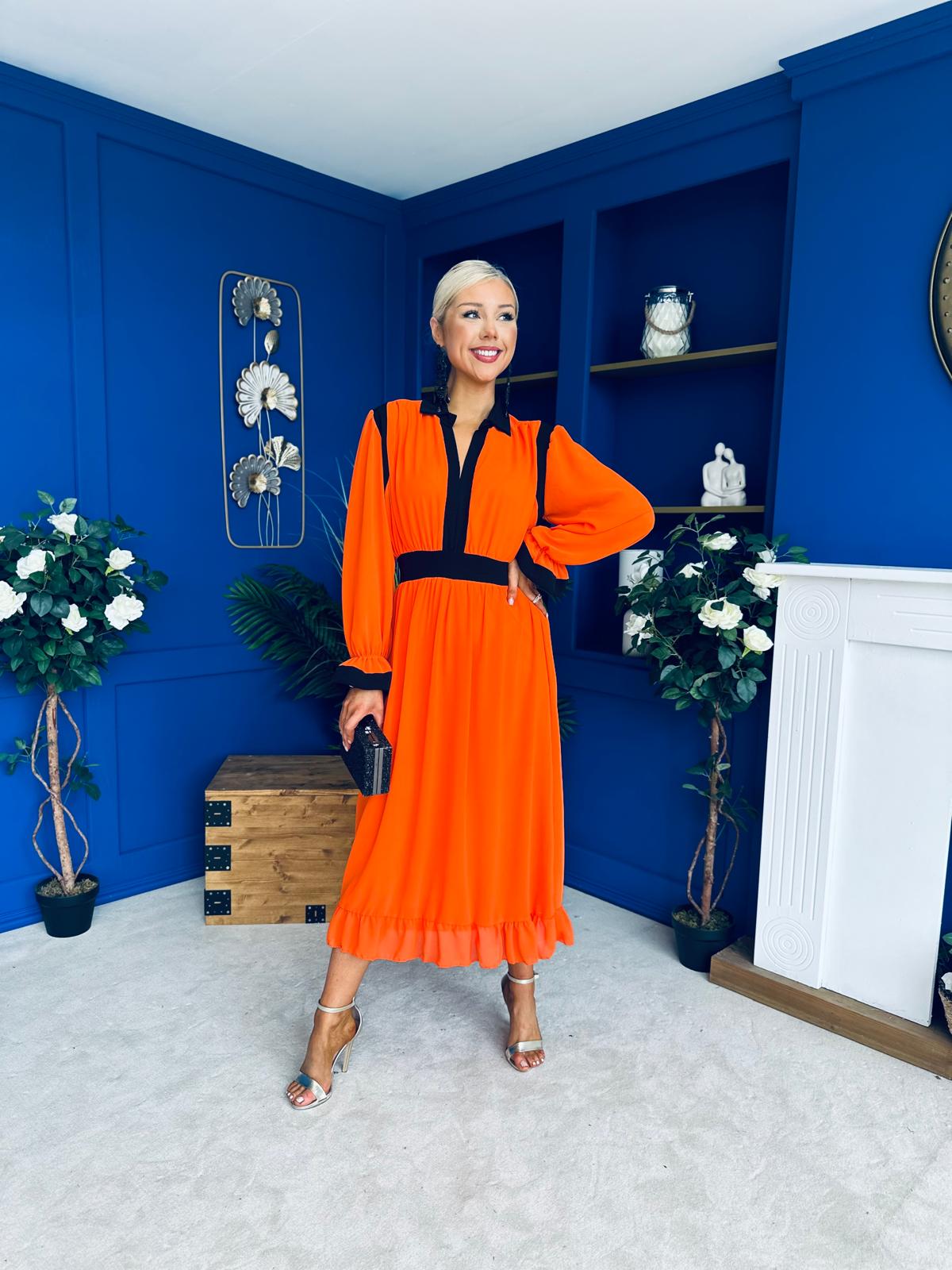 Saoirse Detailed 2 Tone Midi Dress Orange