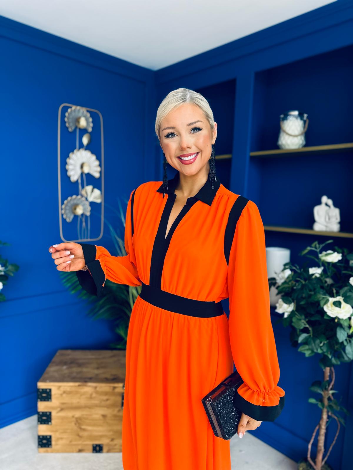 Saoirse Detailed 2 Tone Midi Dress Orange
