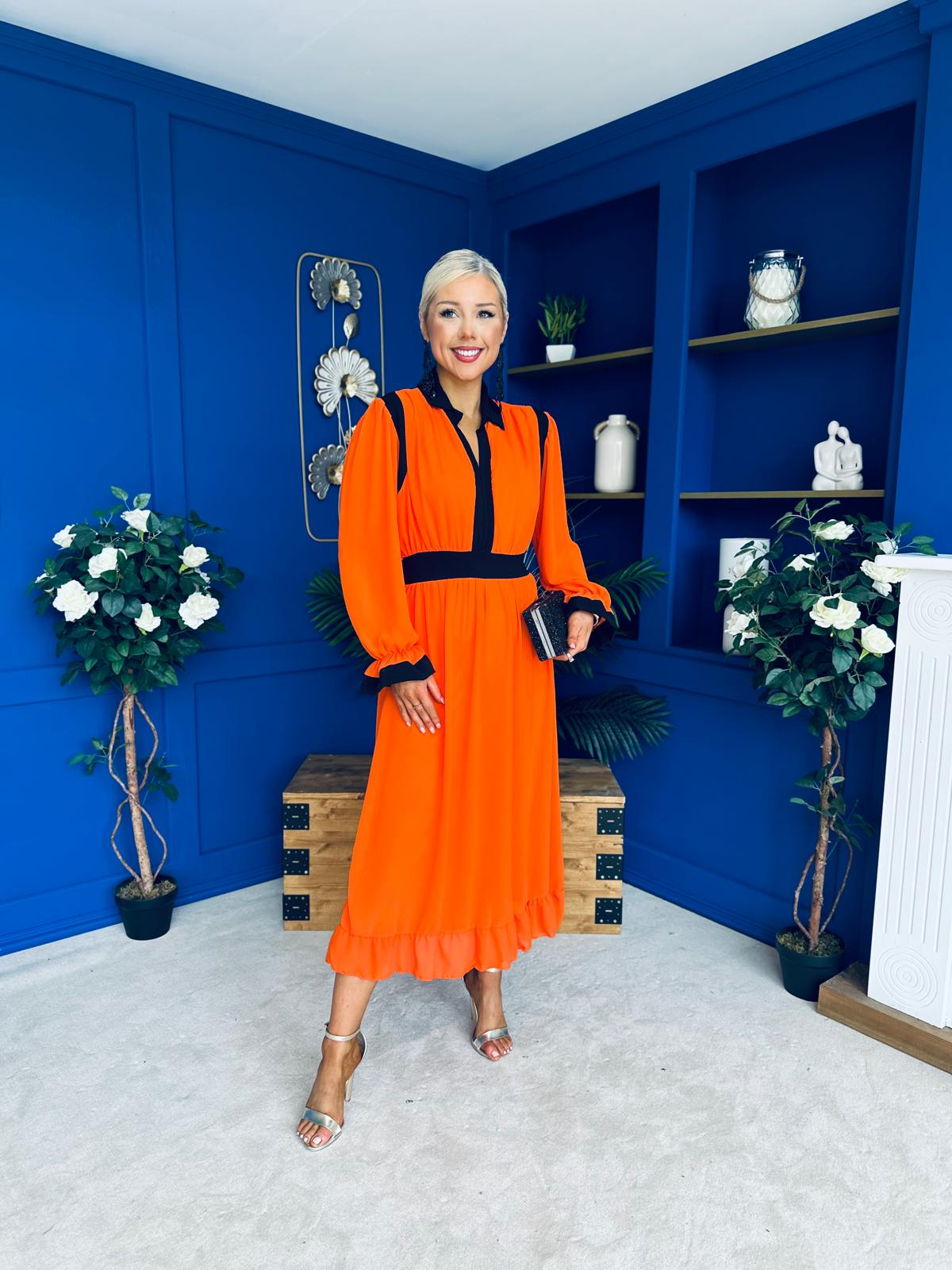 Saoirse Detailed 2 Tone Midi Dress Orange