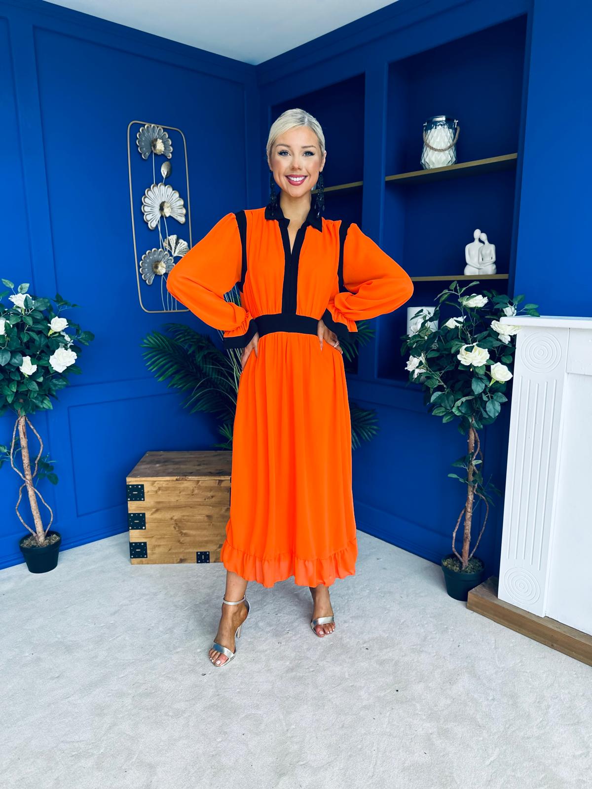 Saoirse Detailed 2 Tone Midi Dress Orange