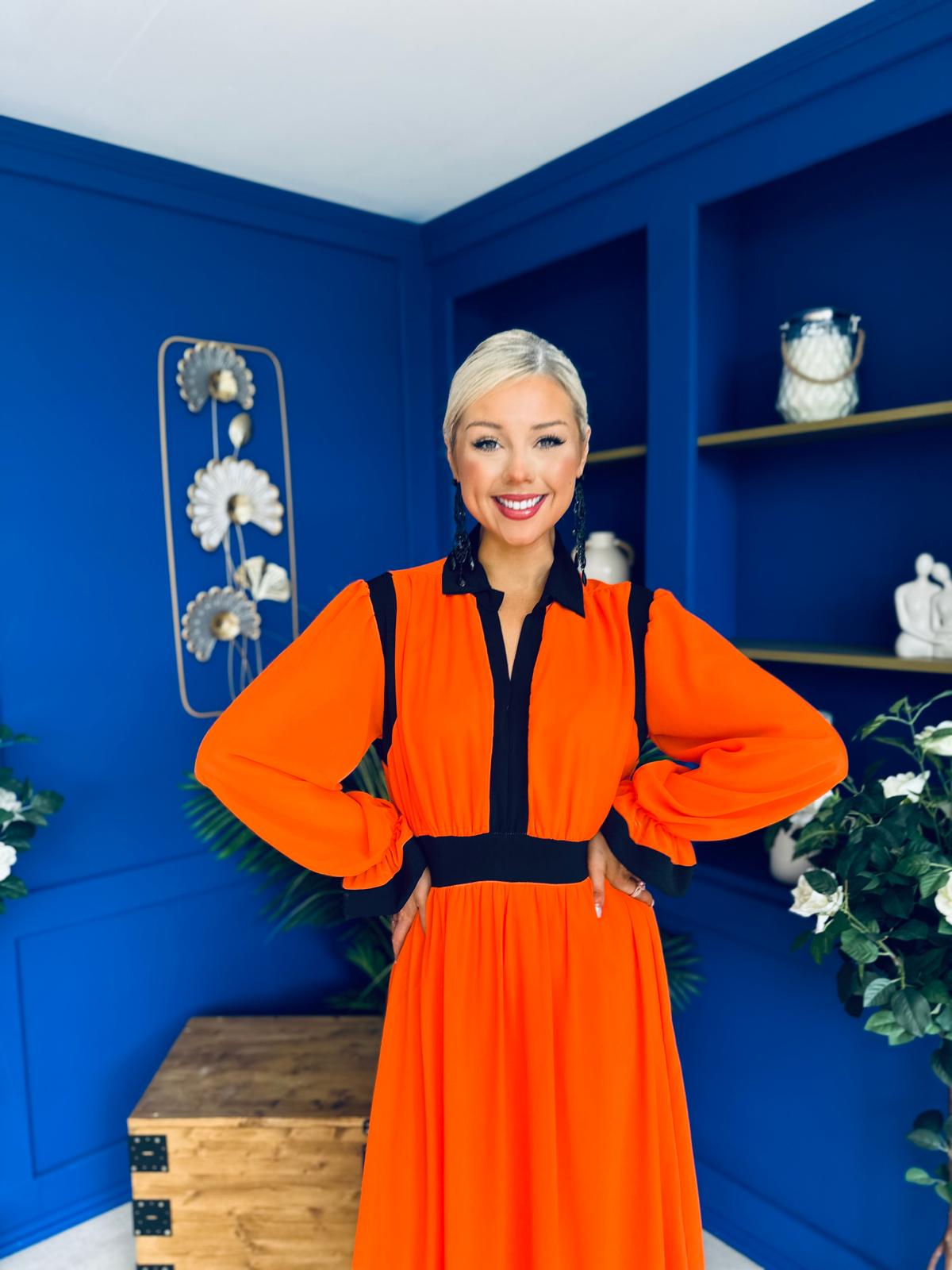 Saoirse Detailed 2 Tone Midi Dress Orange
