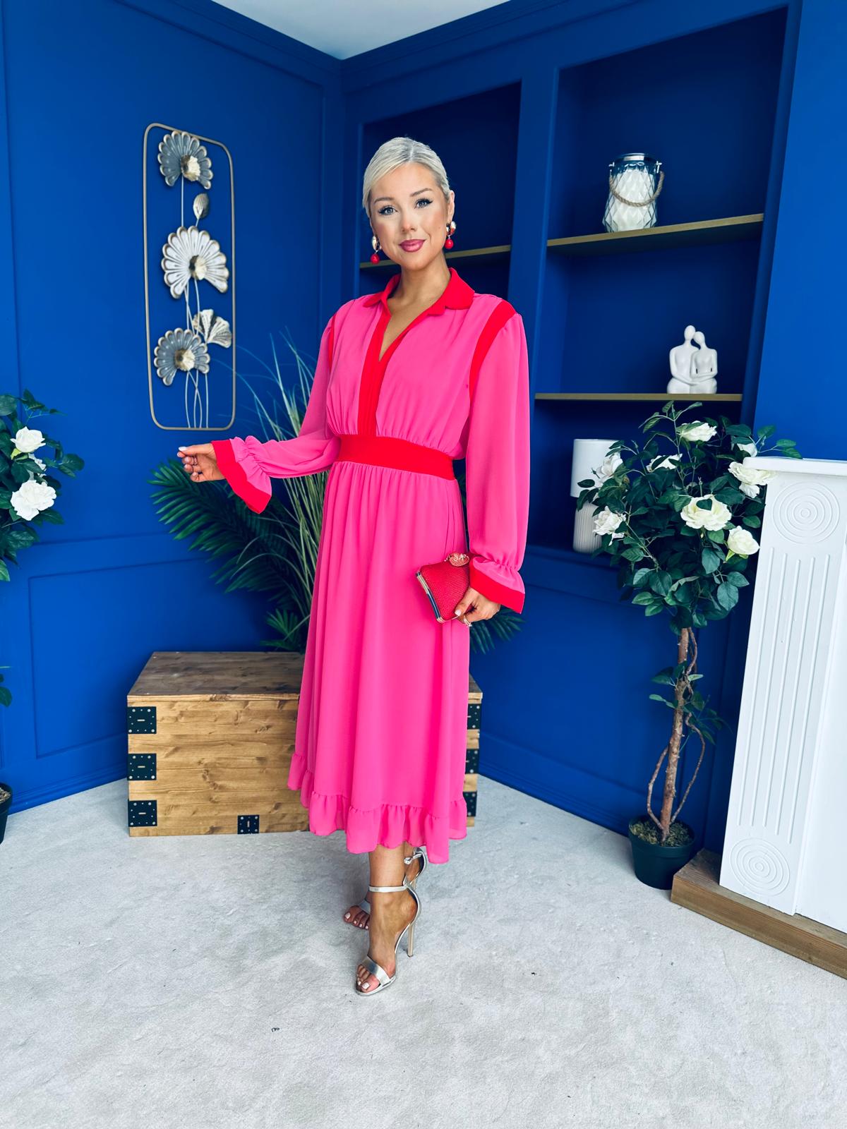 Saoirse Detailed 2 Tone Midi Dress Pink