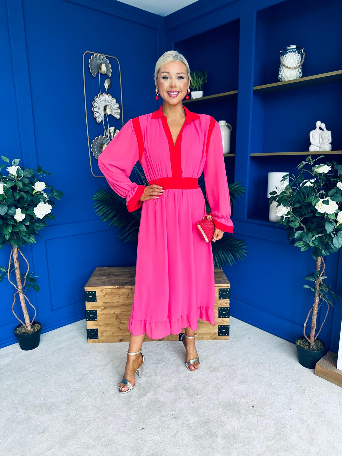 Saoirse Detailed 2 Tone Midi Dress Pink