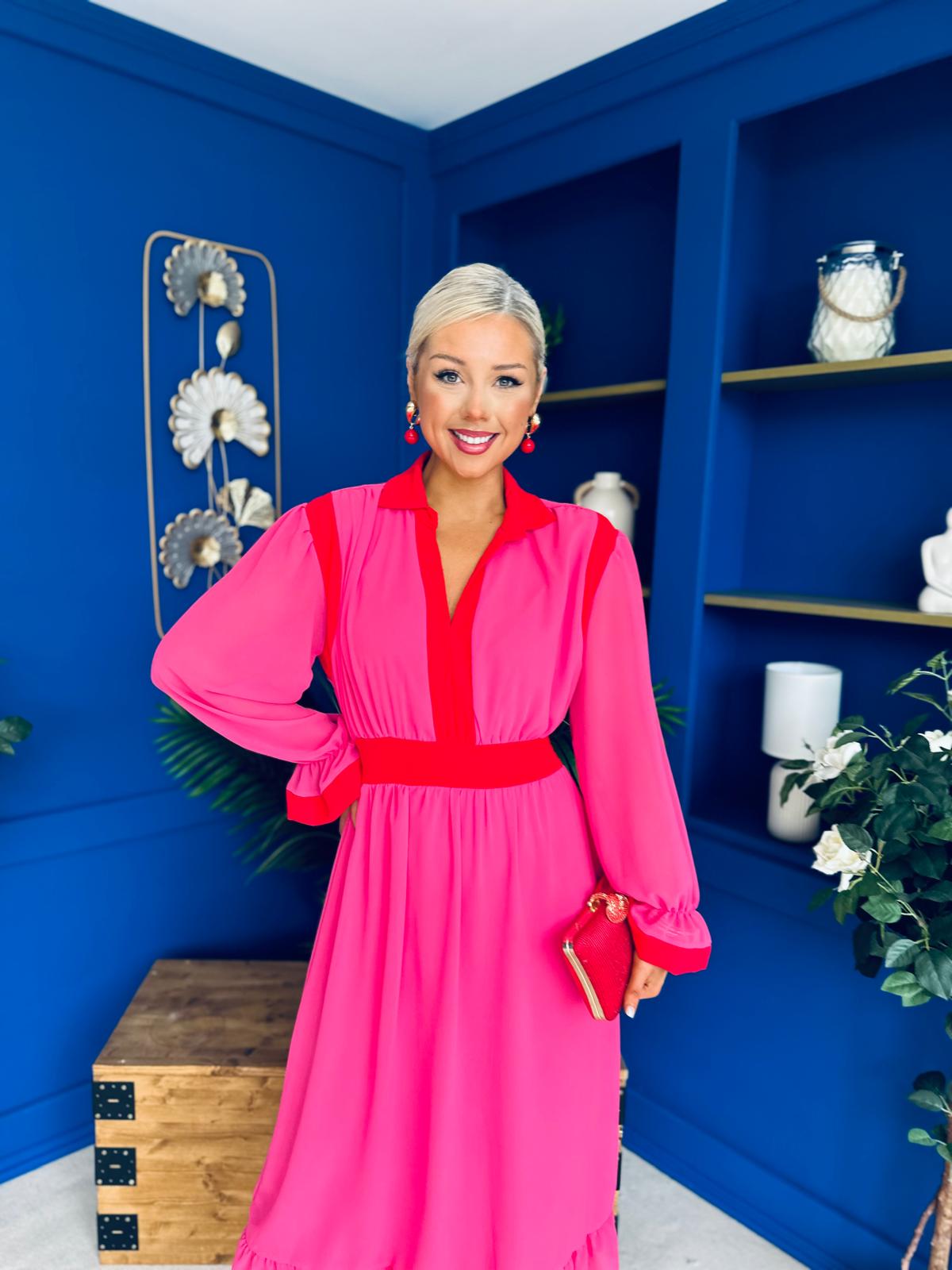 Saoirse Detailed 2 Tone Midi Dress Pink