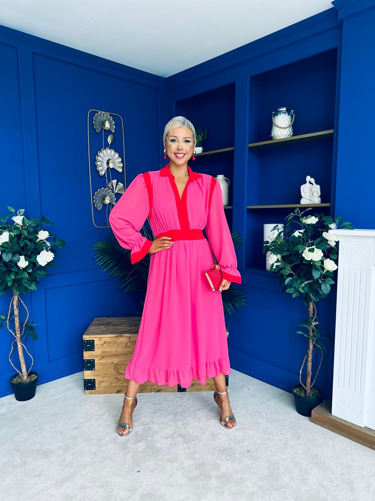 Saoirse Detailed 2 Tone Midi Dress Pink