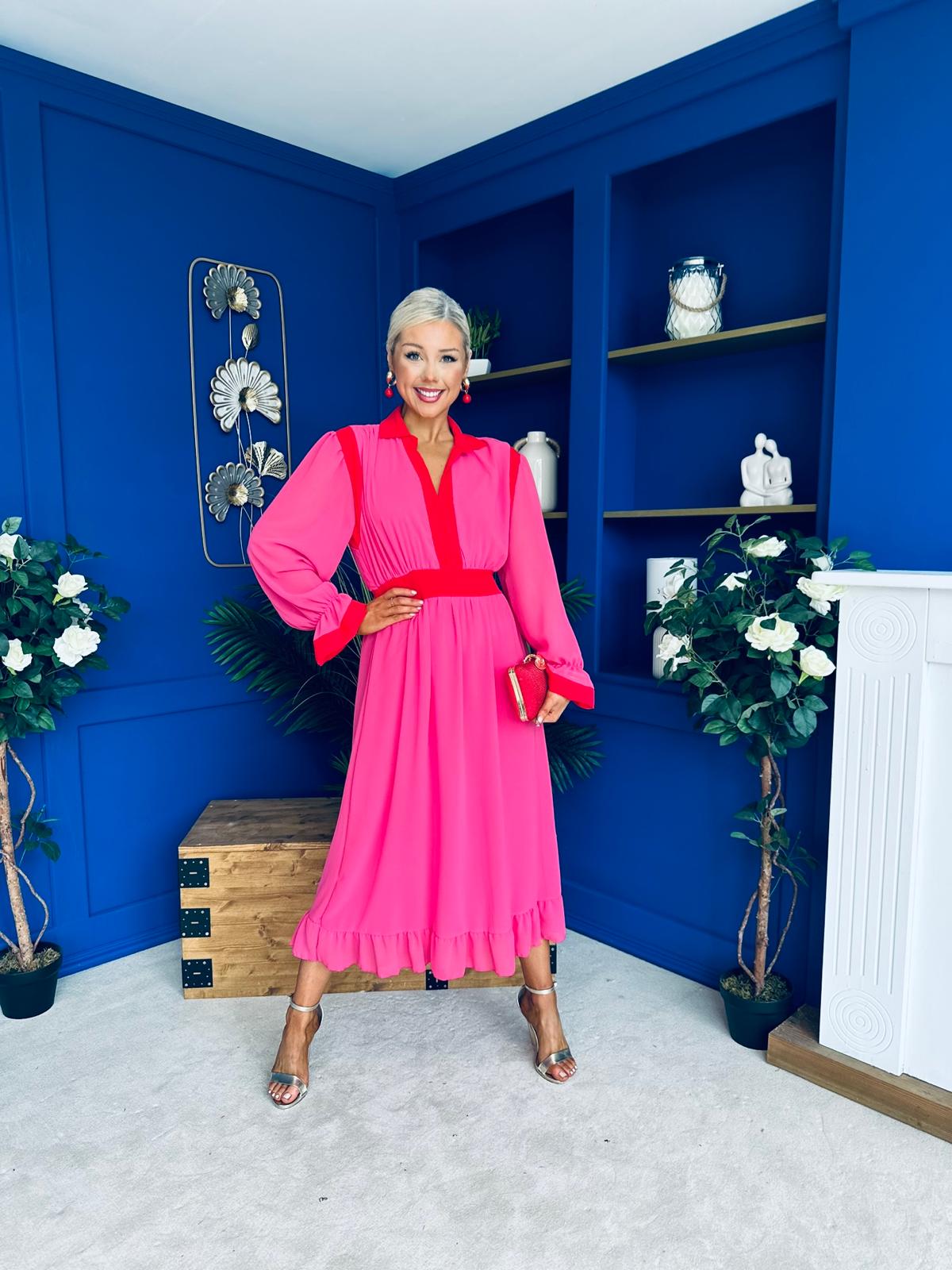 Saoirse Detailed 2 Tone Midi Dress Pink