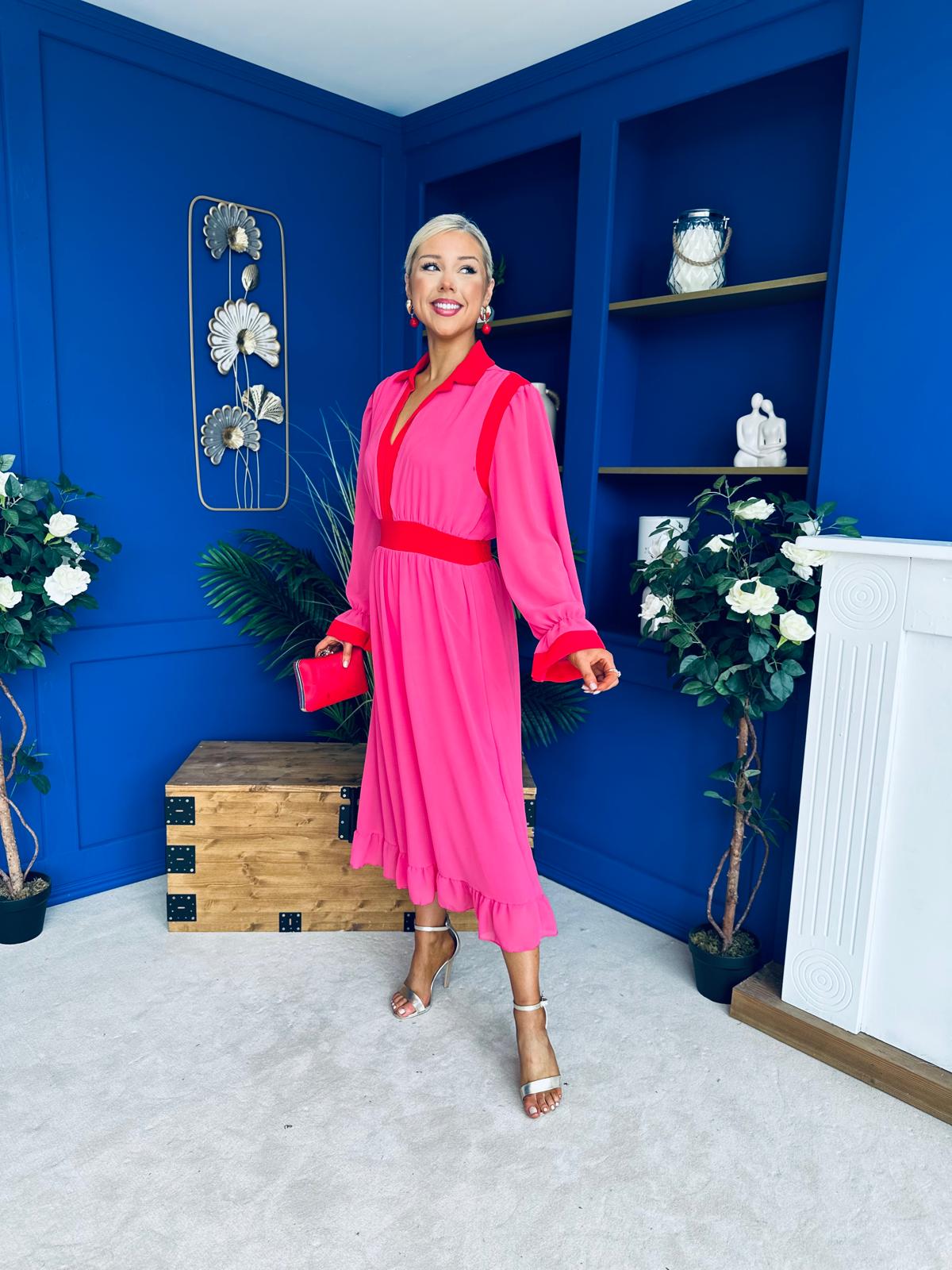 Saoirse Detailed 2 Tone Midi Dress Pink