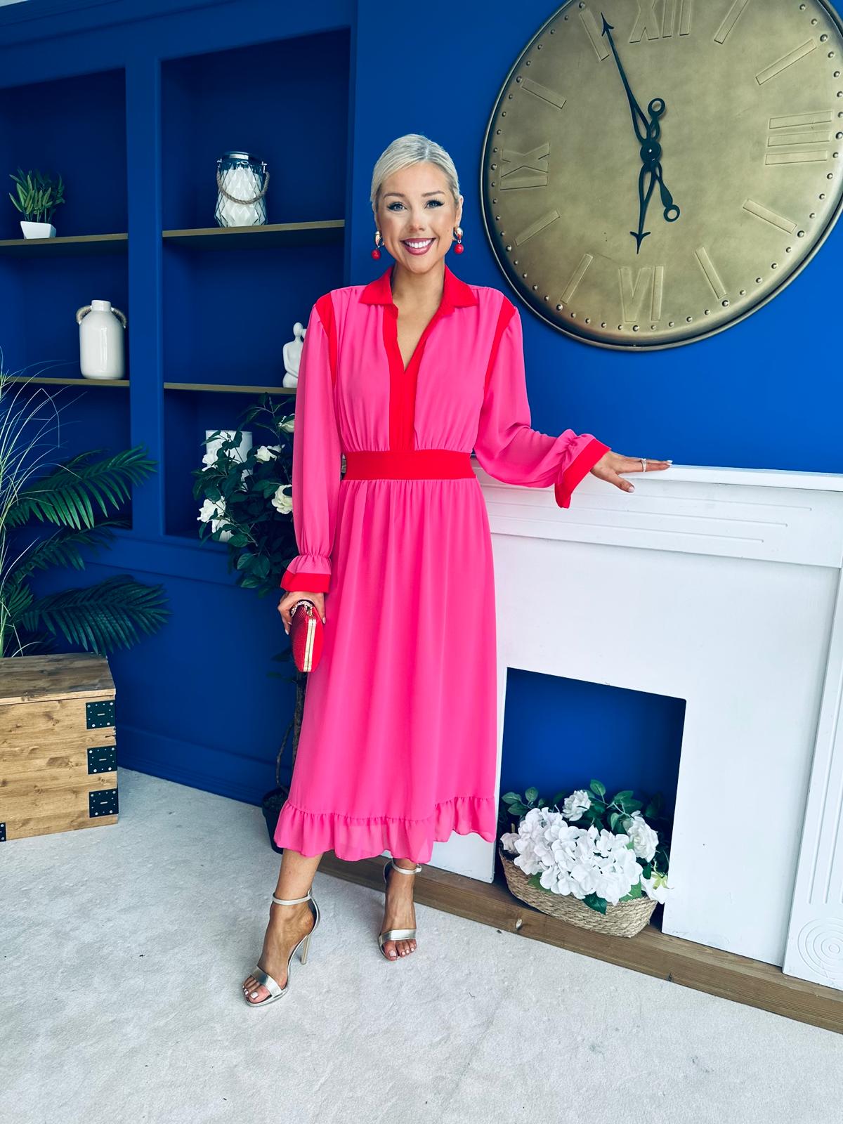 Saoirse Detailed 2 Tone Midi Dress Pink