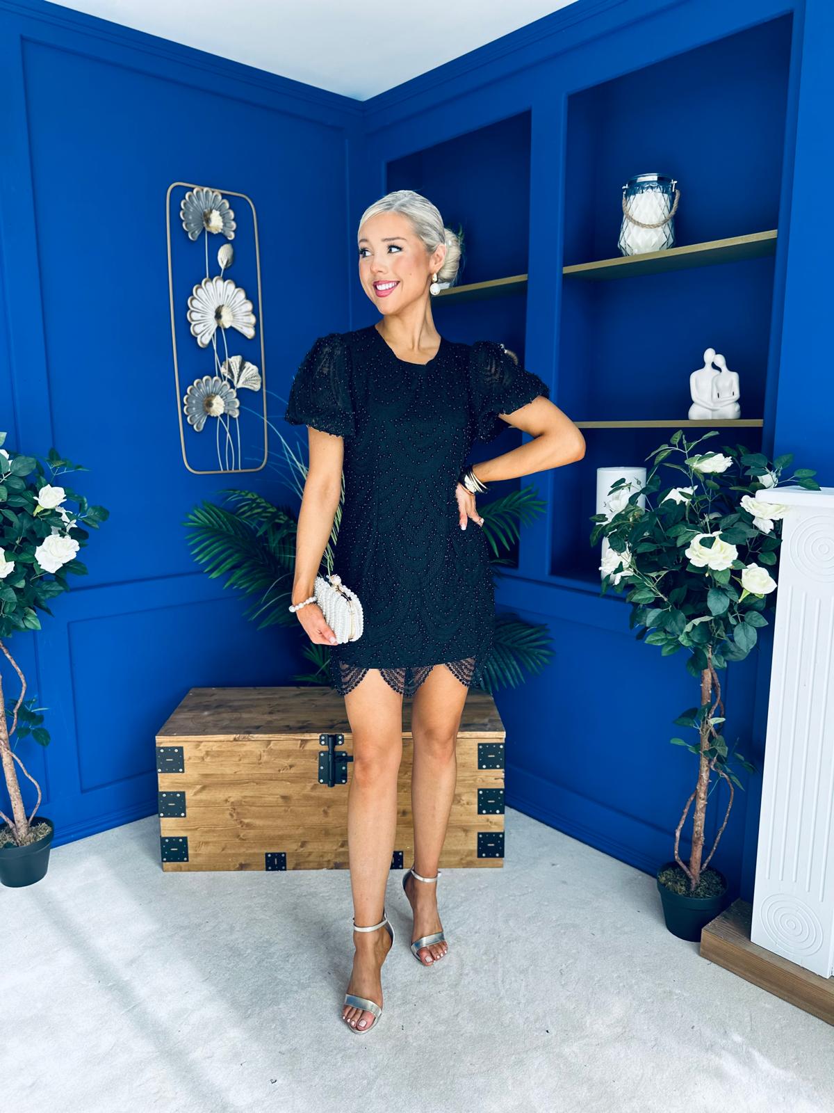 Gina Embellished Puff Sleeve Mini Dress Black
