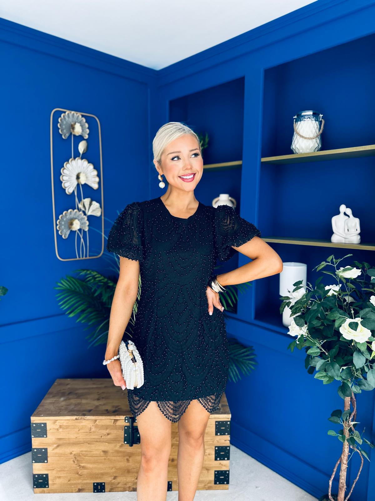 Gina Embellished Puff Sleeve Mini Dress Black