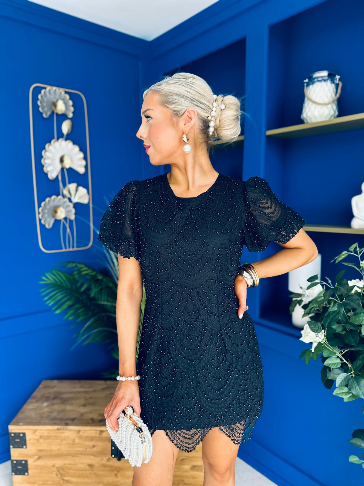 Gina Embellished Puff Sleeve Mini Dress Black