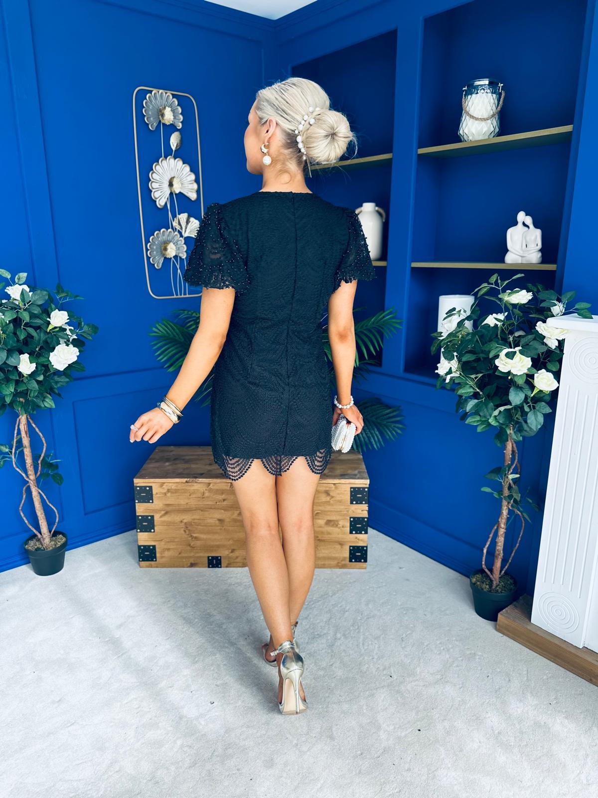 Gina Embellished Puff Sleeve Mini Dress Black