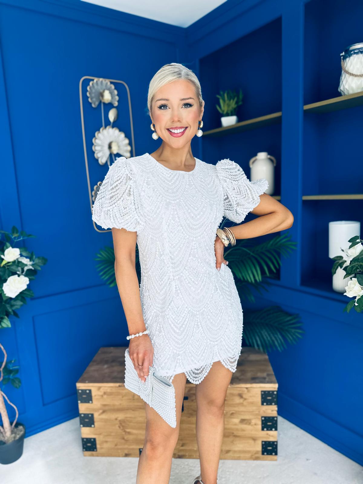 Gina Embellished Puff Sleeve Mini Dress White