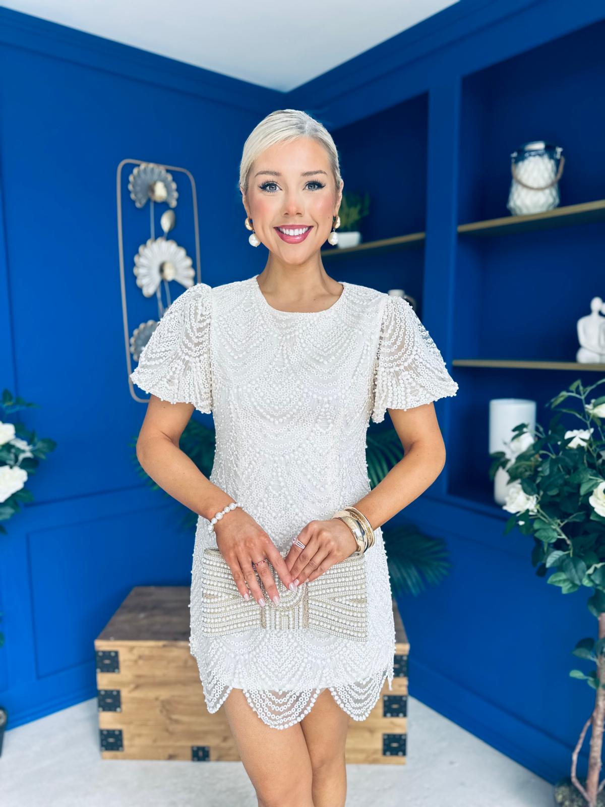 Gina Embellished Puff Sleeve Mini Dress Beige