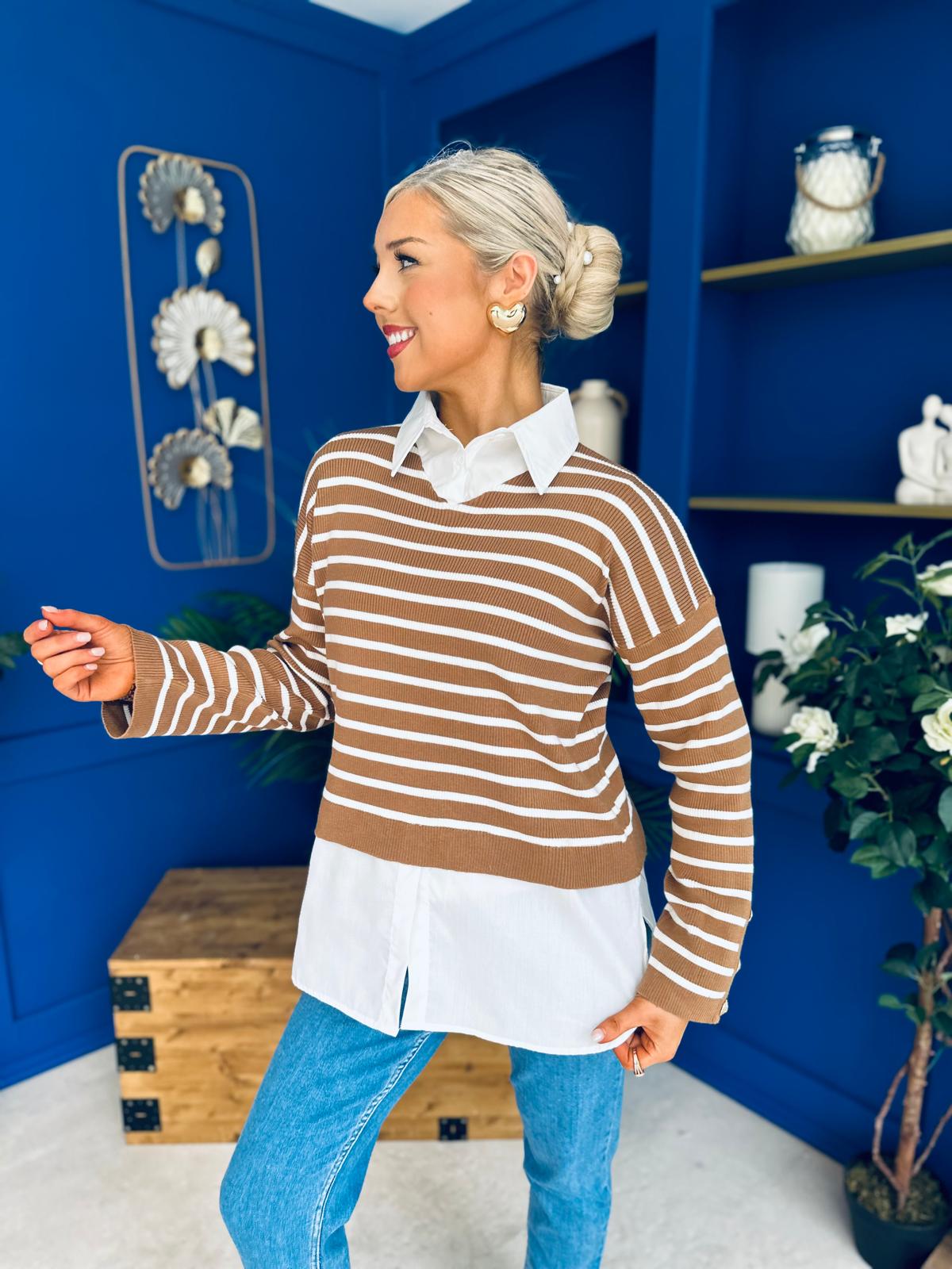 June Shirt Detail Knit Top Camel