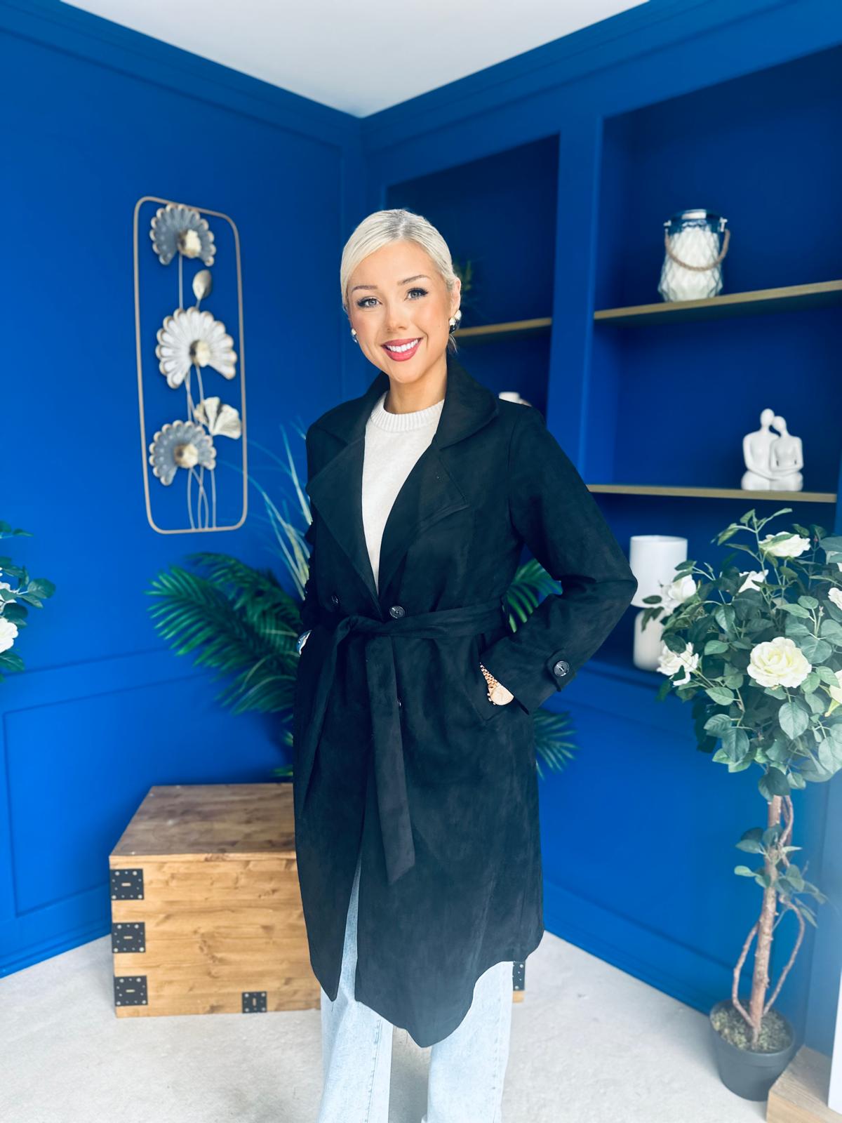 Bianca Faux Suede Trench Coat Black