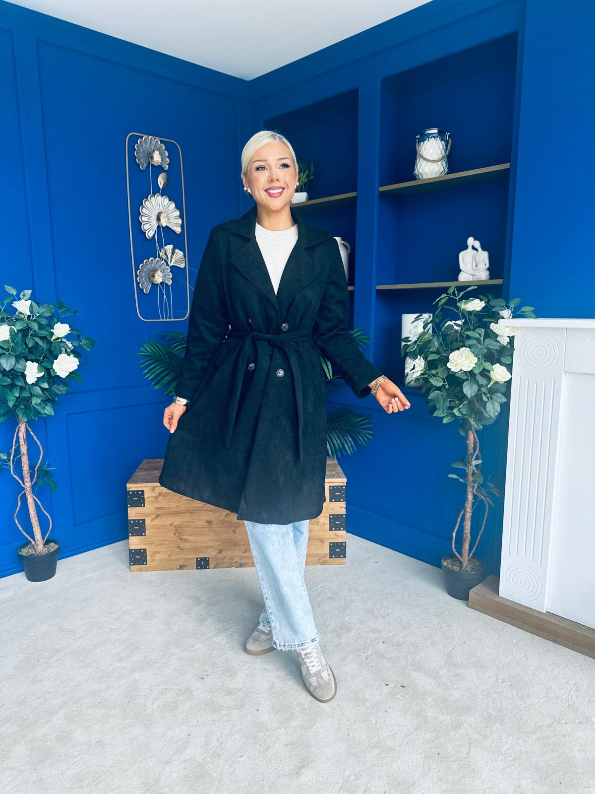 Bianca Faux Suede Trench Coat Black