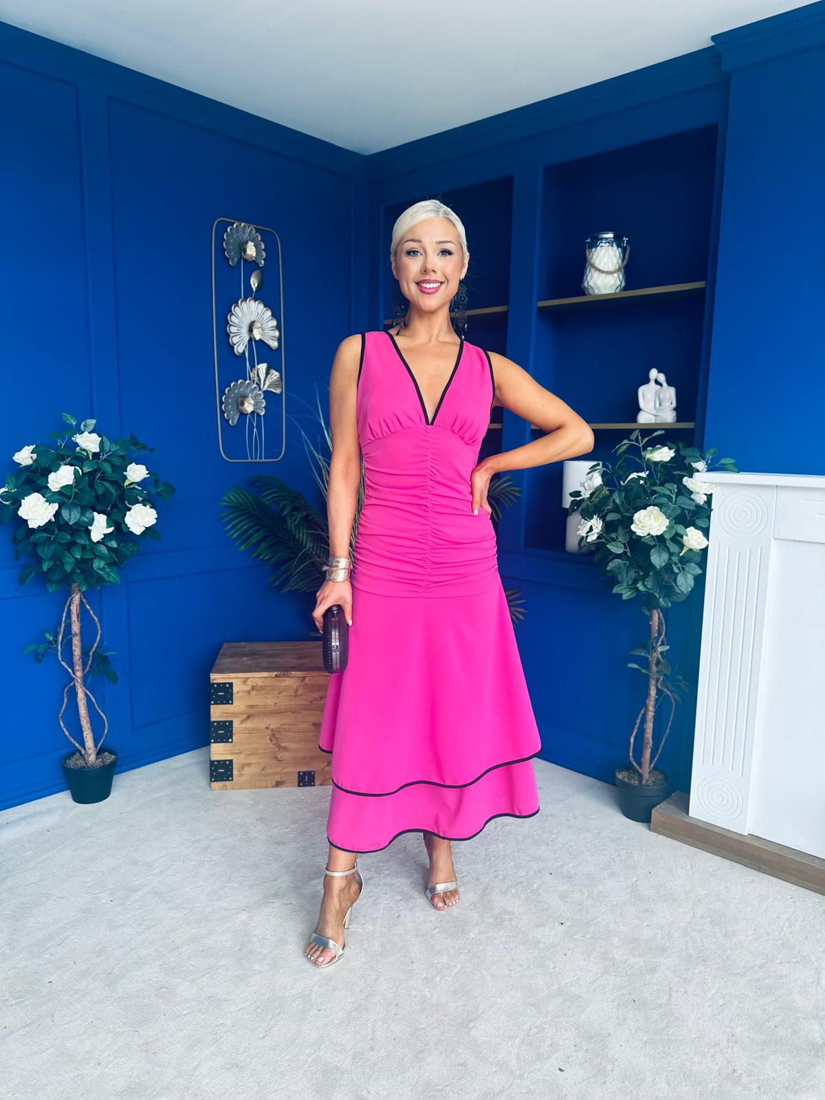 Cleo Ruched & Layered Midi Dress Cerise