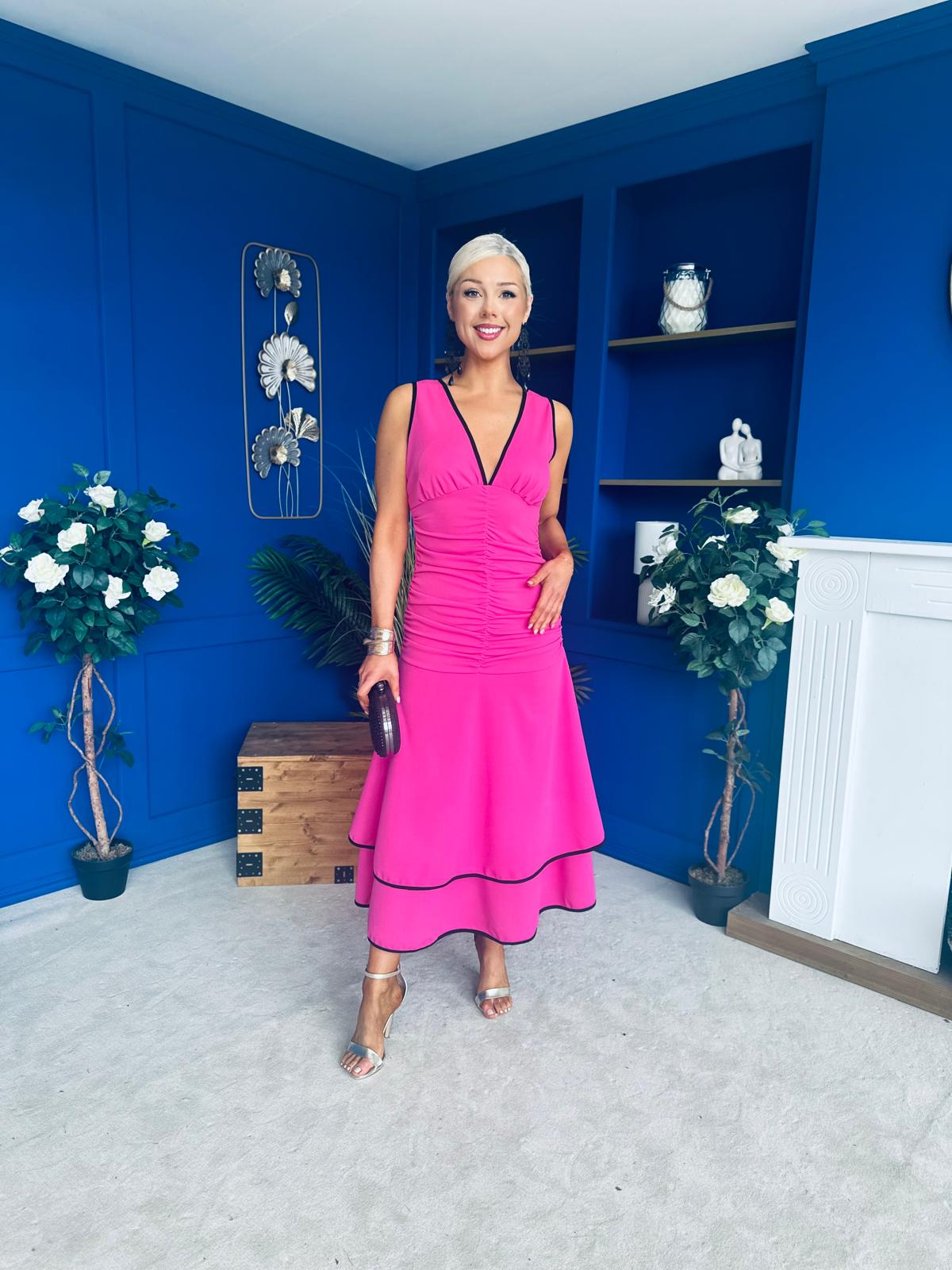 Cleo Ruched & Layered Midi Dress Cerise