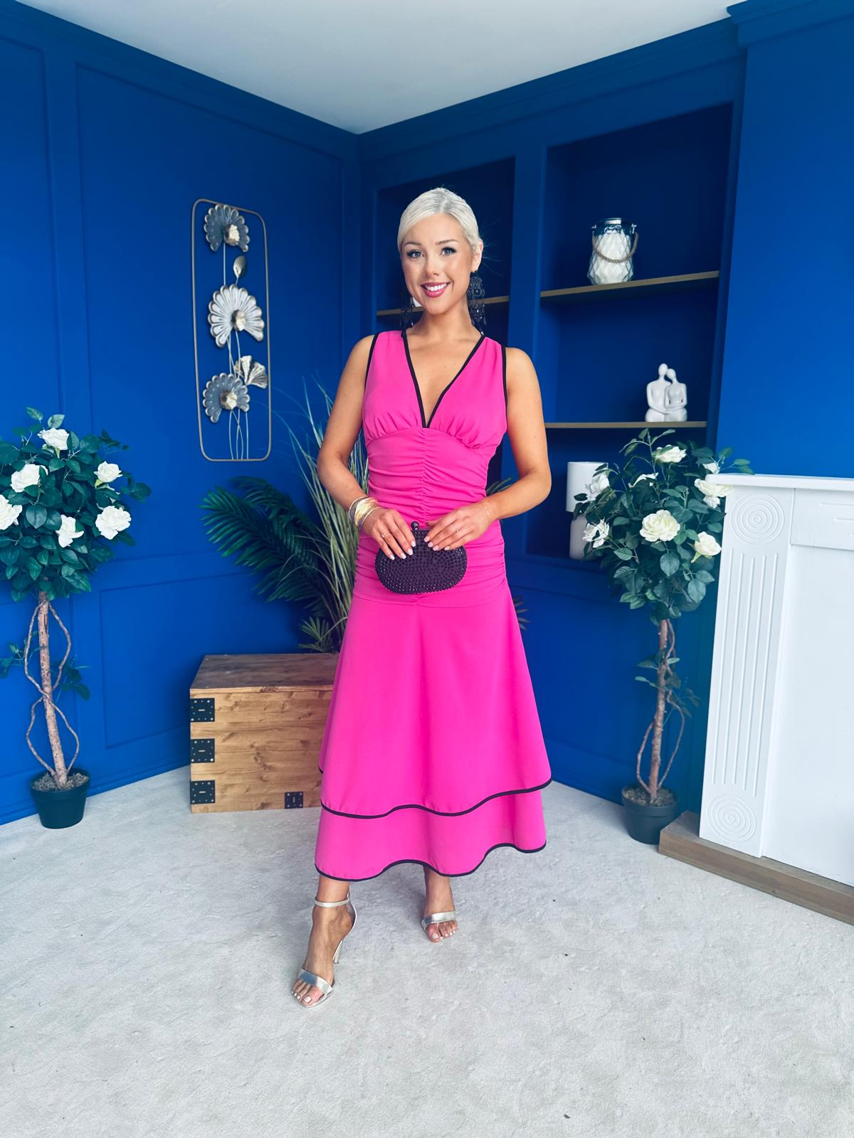 Cleo Ruched & Layered Midi Dress Cerise
