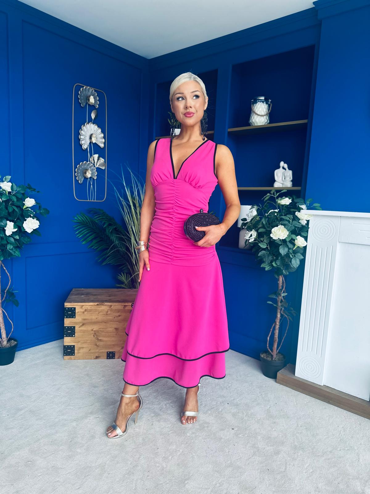 Cleo Ruched & Layered Midi Dress Cerise