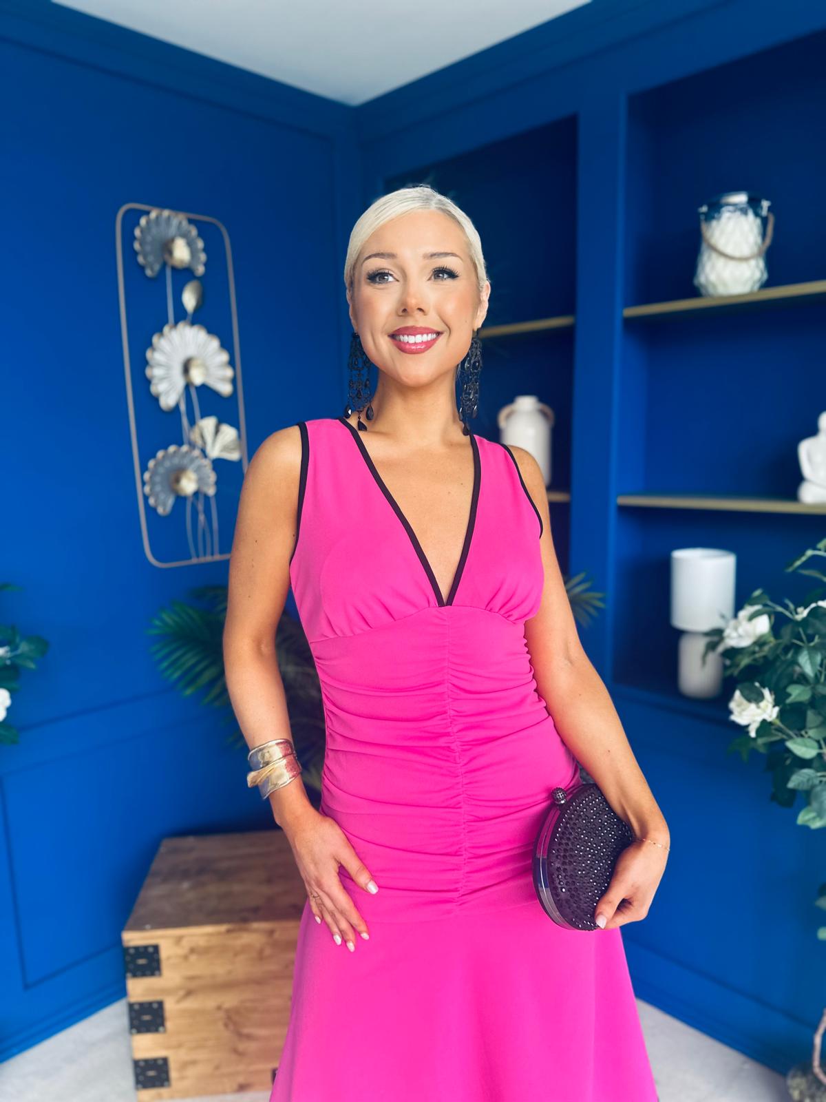 Cleo Ruched & Layered Midi Dress Cerise