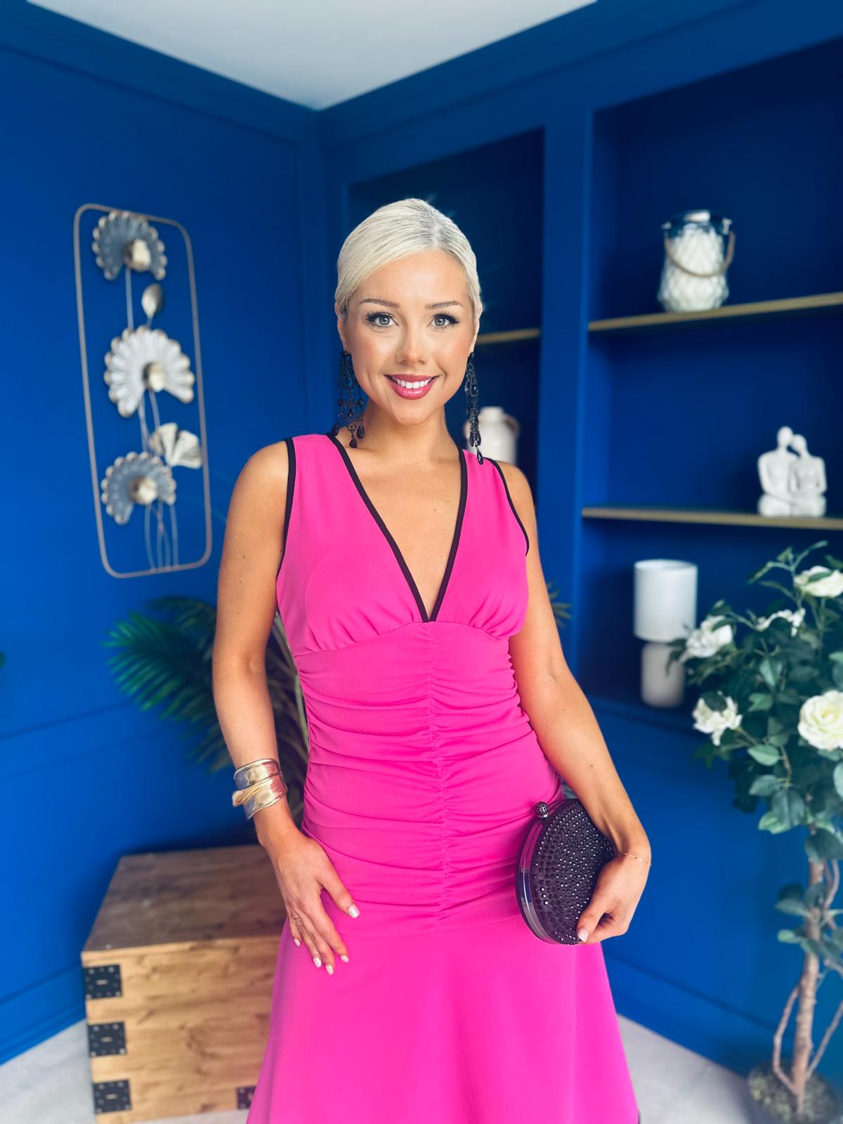 Cleo Ruched & Layered Midi Dress Cerise