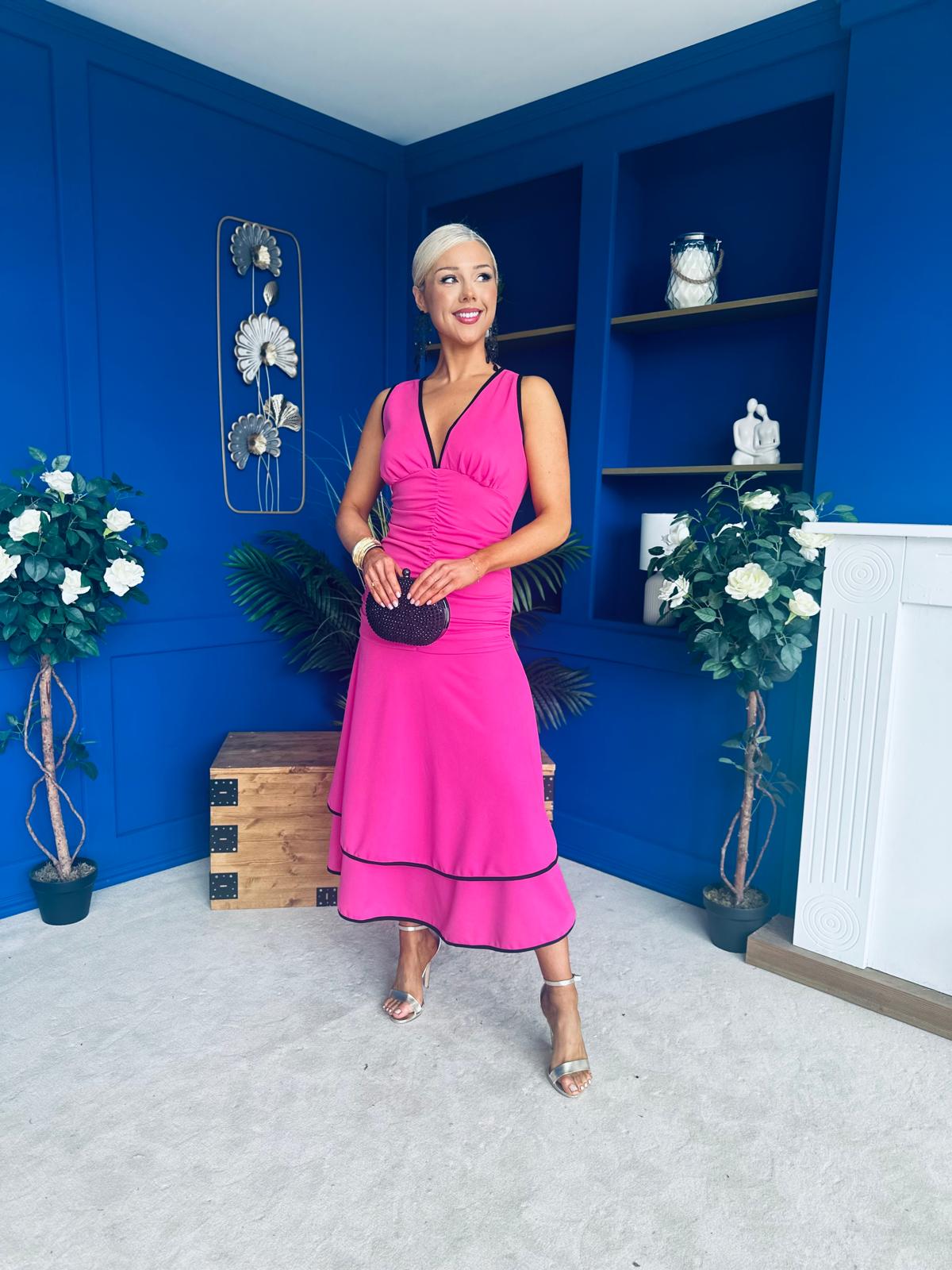 Cleo Ruched & Layered Midi Dress Cerise