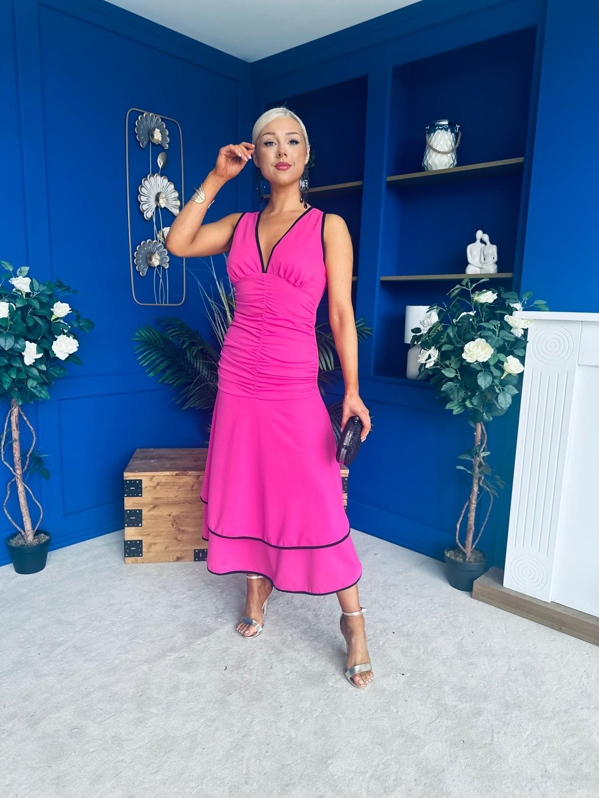 Cleo Ruched & Layered Midi Dress Cerise